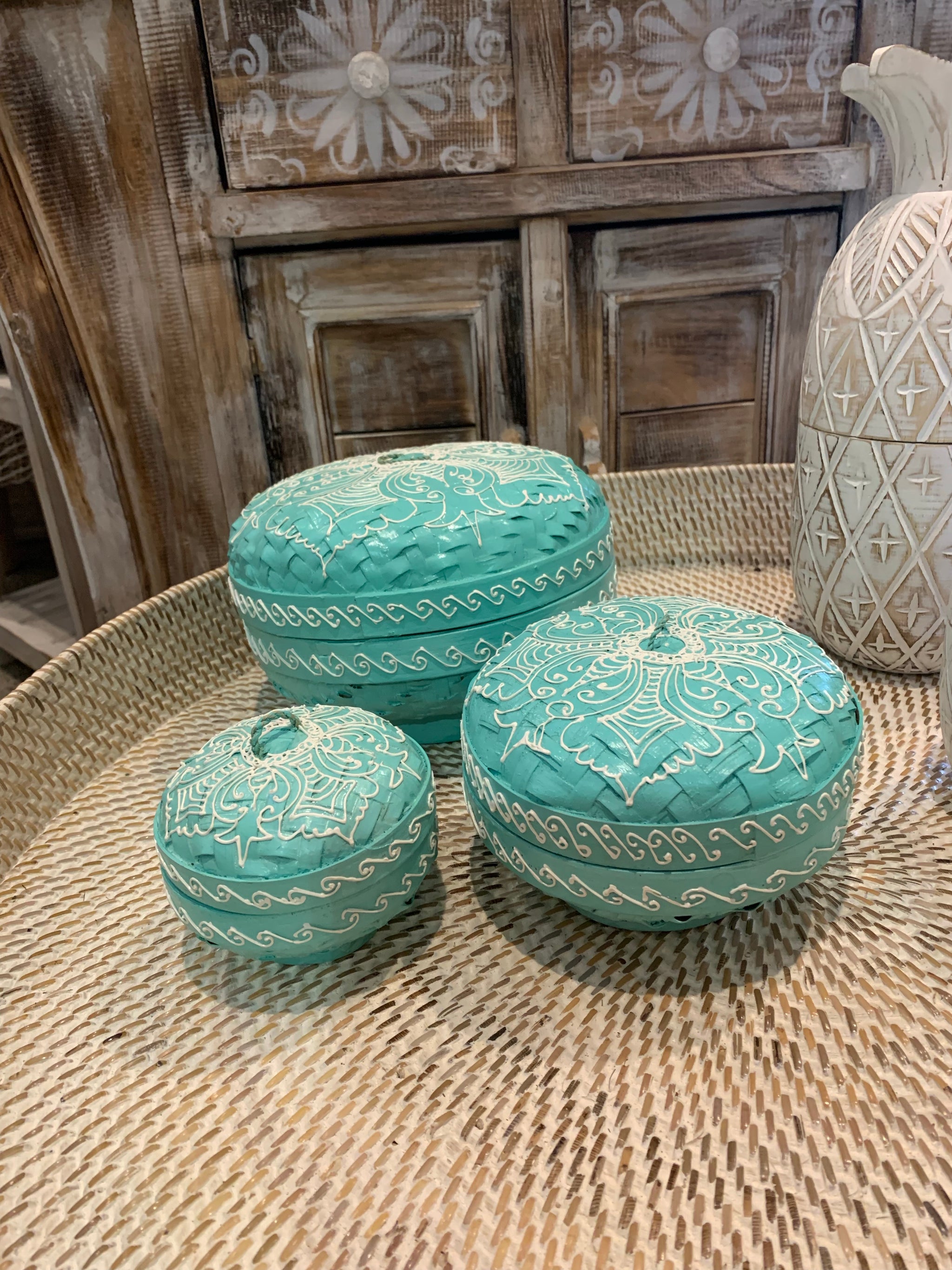 Turquoise set 3 container with lids. Hand painted mandala. Usually $95 - Bali Beach Beyond