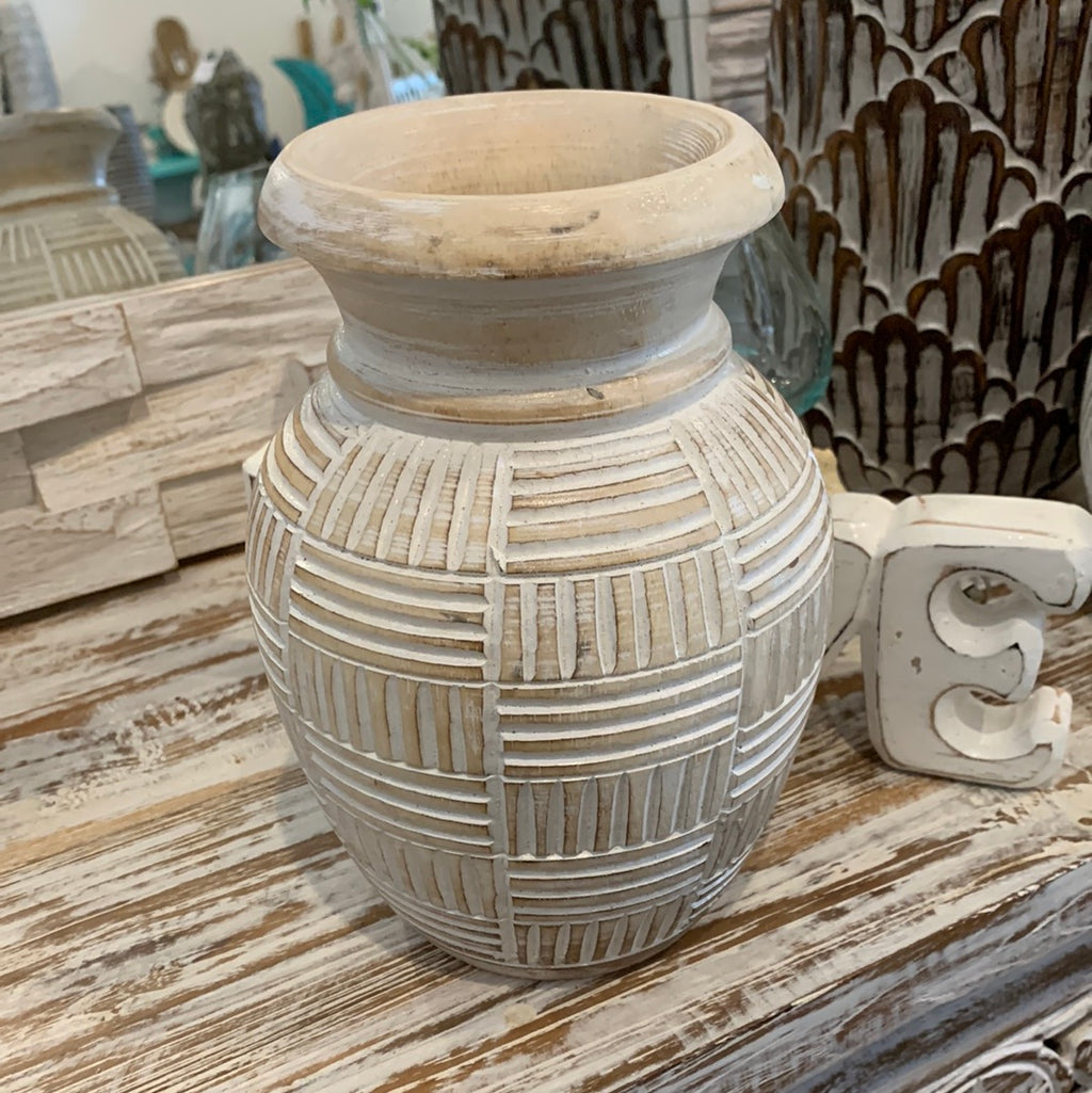 White wash / natural carved timber vase. Small - Bali Beach Beyond