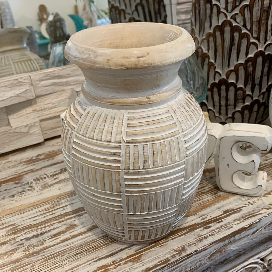 White wash / natural carved timber vase. Small - Bali Beach Beyond