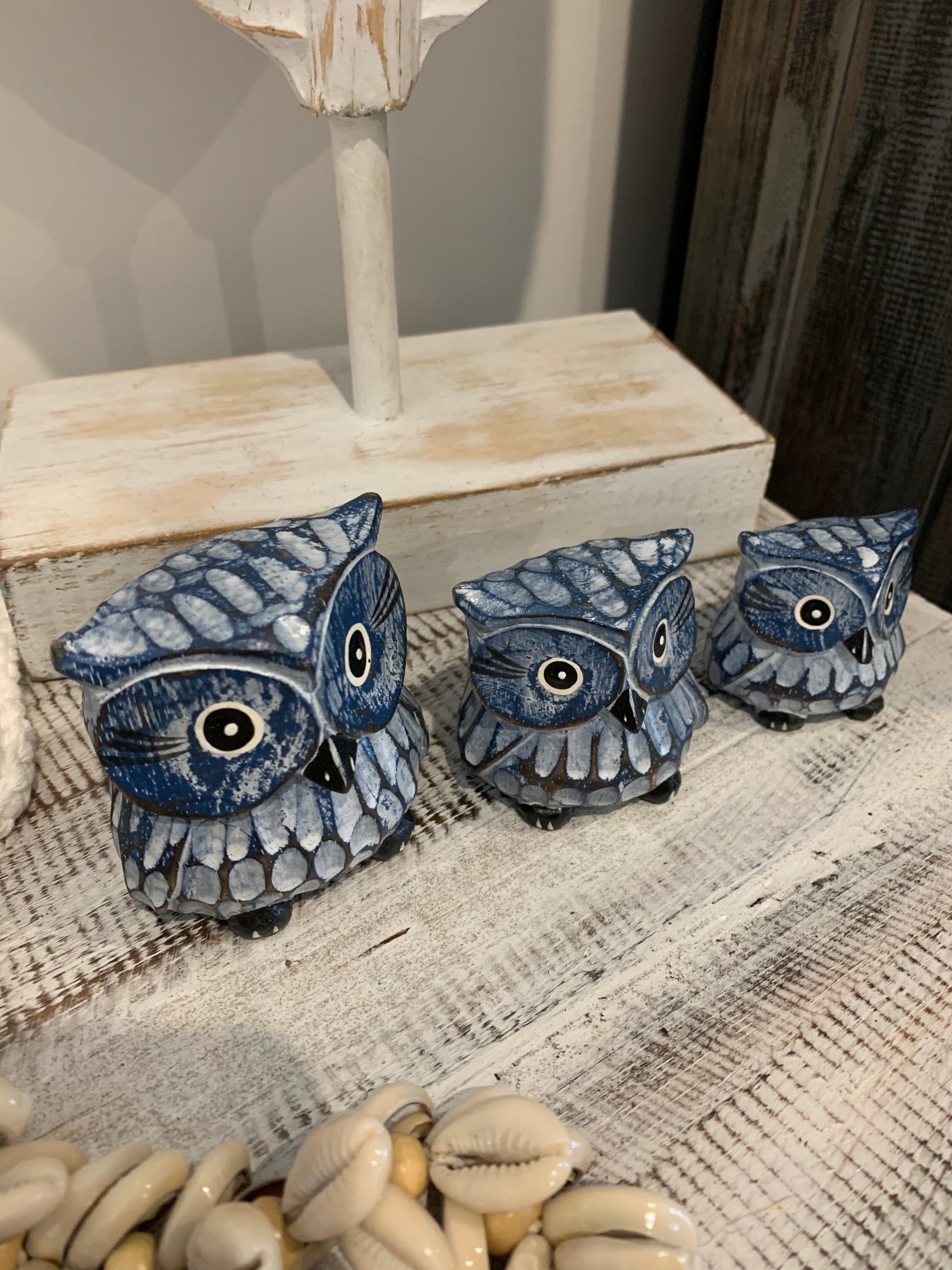 Blue timber owls. Set 3. Handpainted and handcarved. - Bali Beach Beyond