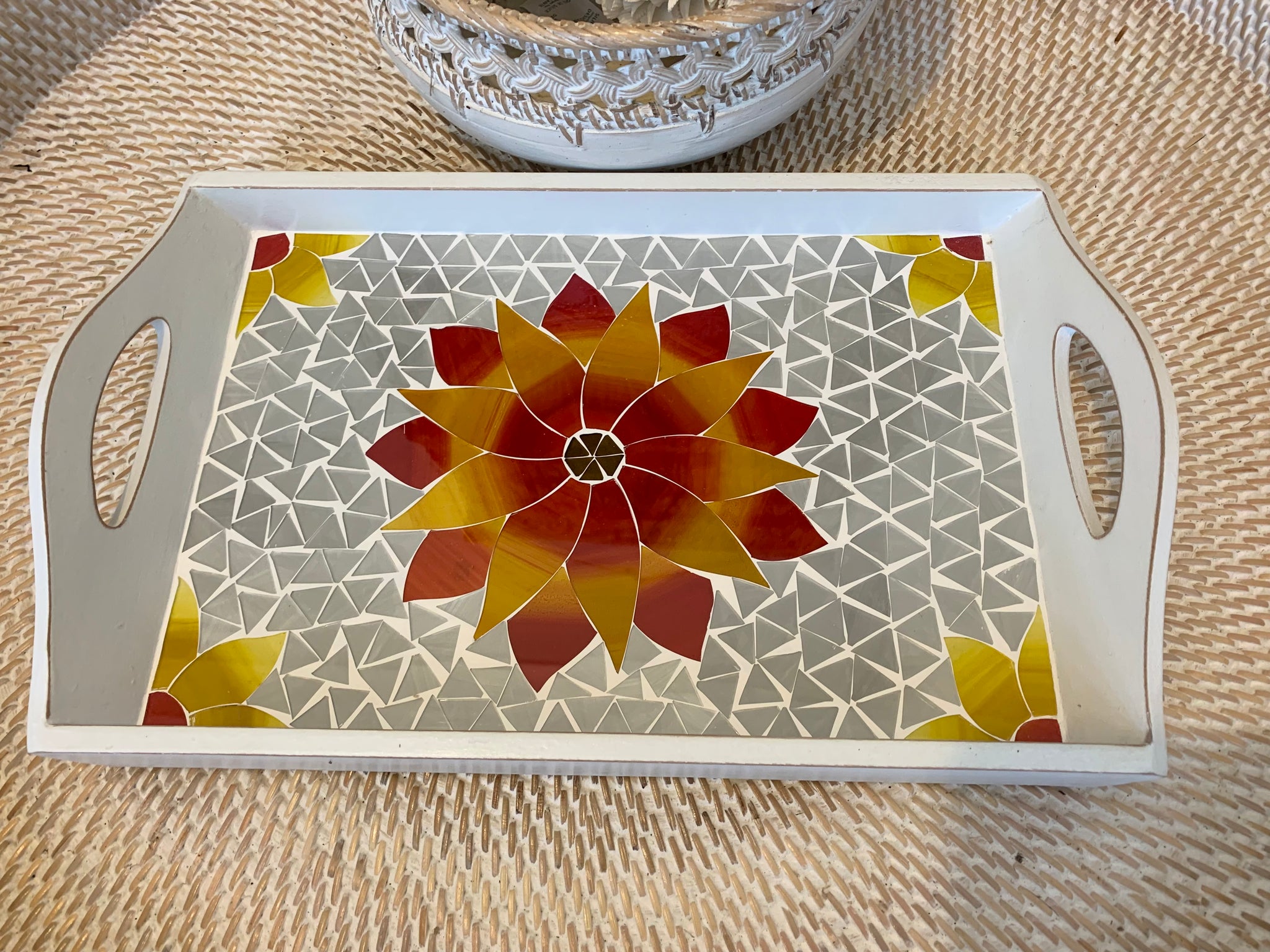 Red flower timber mosaic tray. Usually $40