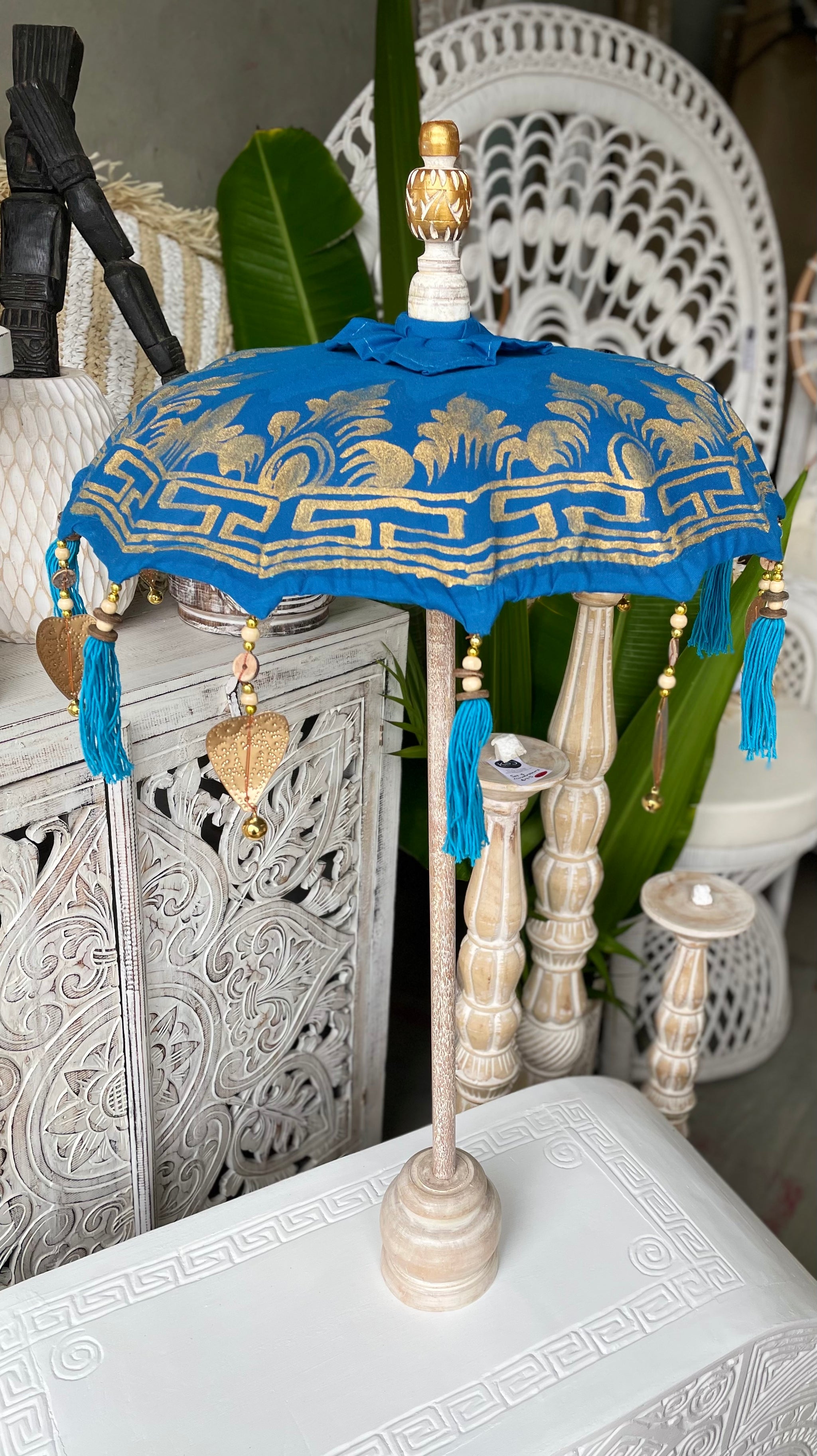 Blue Tabletop Umbrella with gold handpainted design. EOFY sale. Usually $60 - Bali Beach Beyond