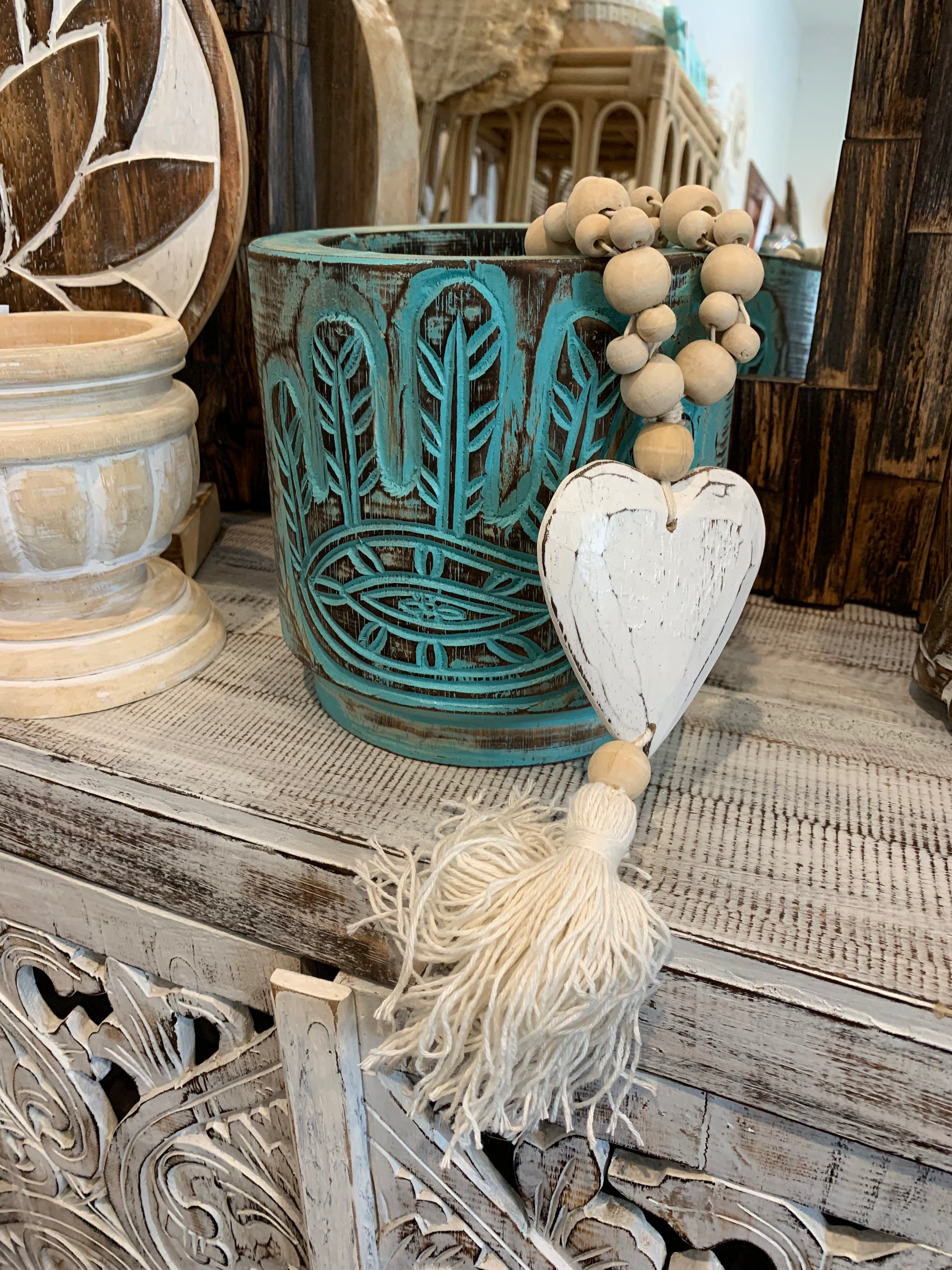 Turquoise / green timber vase / pot. Hamsa hand carving - Bali Beach Beyond