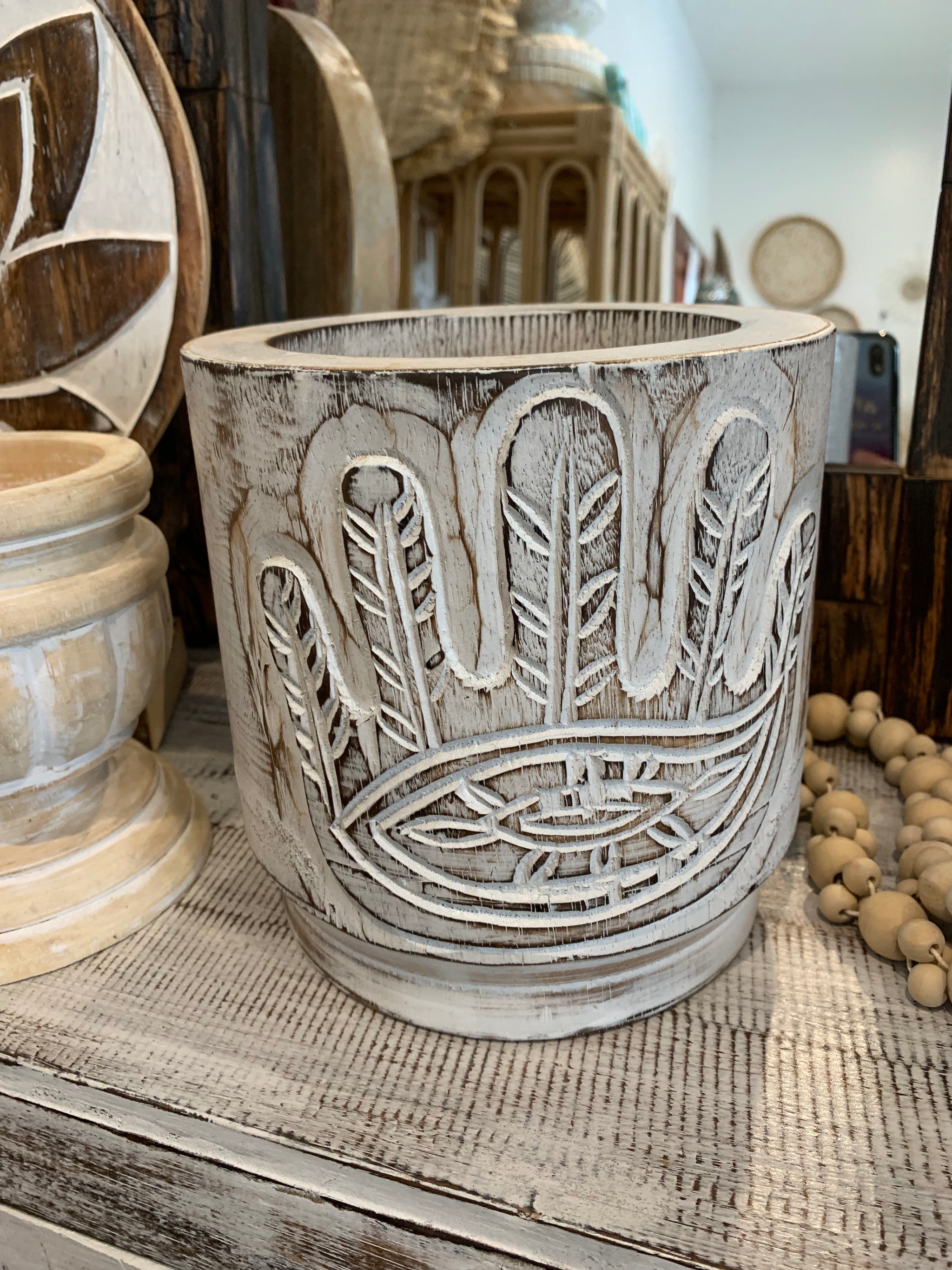 White timber vase / pot. Hamsa hand carving - Bali Beach Beyond