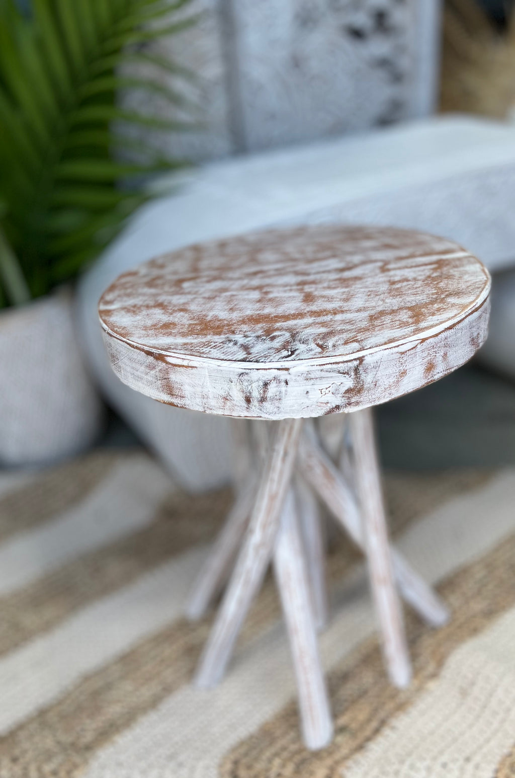 Timber round stool #2 / side table. Angled legs. - Bali Beach Beyond