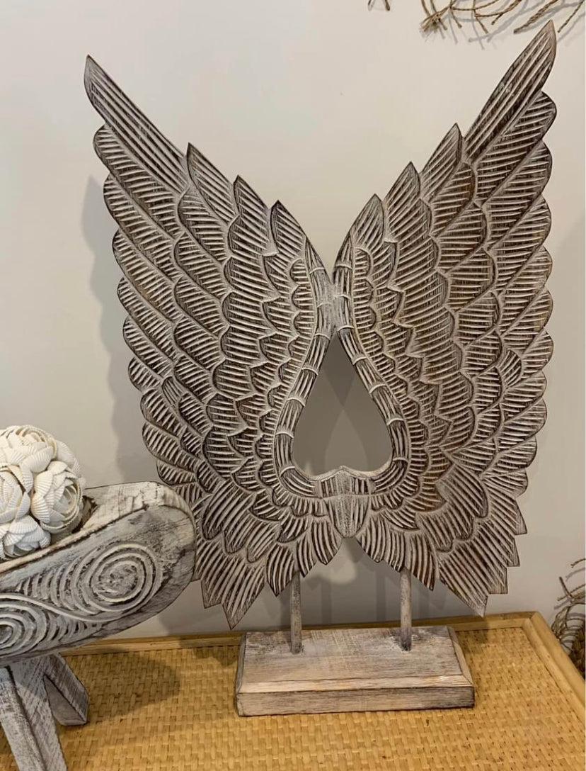 Carved timber angel wings natural. 60cm h - Bali Beach Beyond