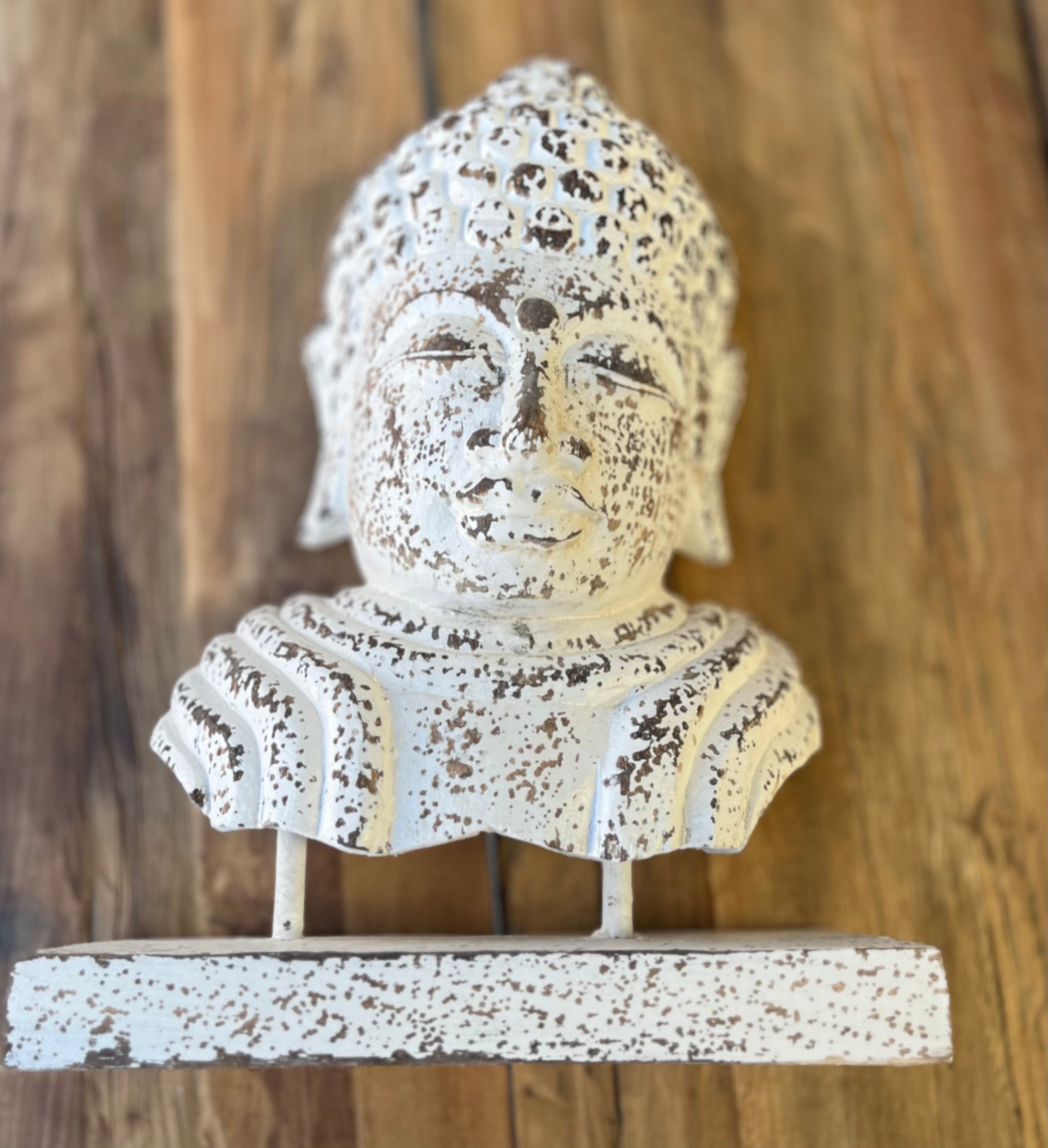 Buddha head statue on stand. Rustic white - Bali Beach Beyond