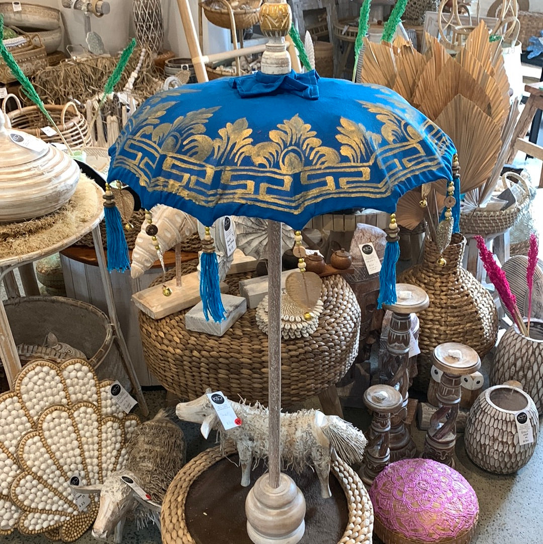 Blue Tabletop Umbrella with gold handpainted design. EOFY sale. Usually $60 - Bali Beach Beyond