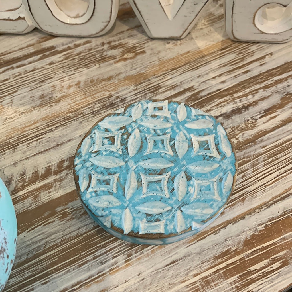 Rustic turquoise round coaster - Bali Beach Beyond
