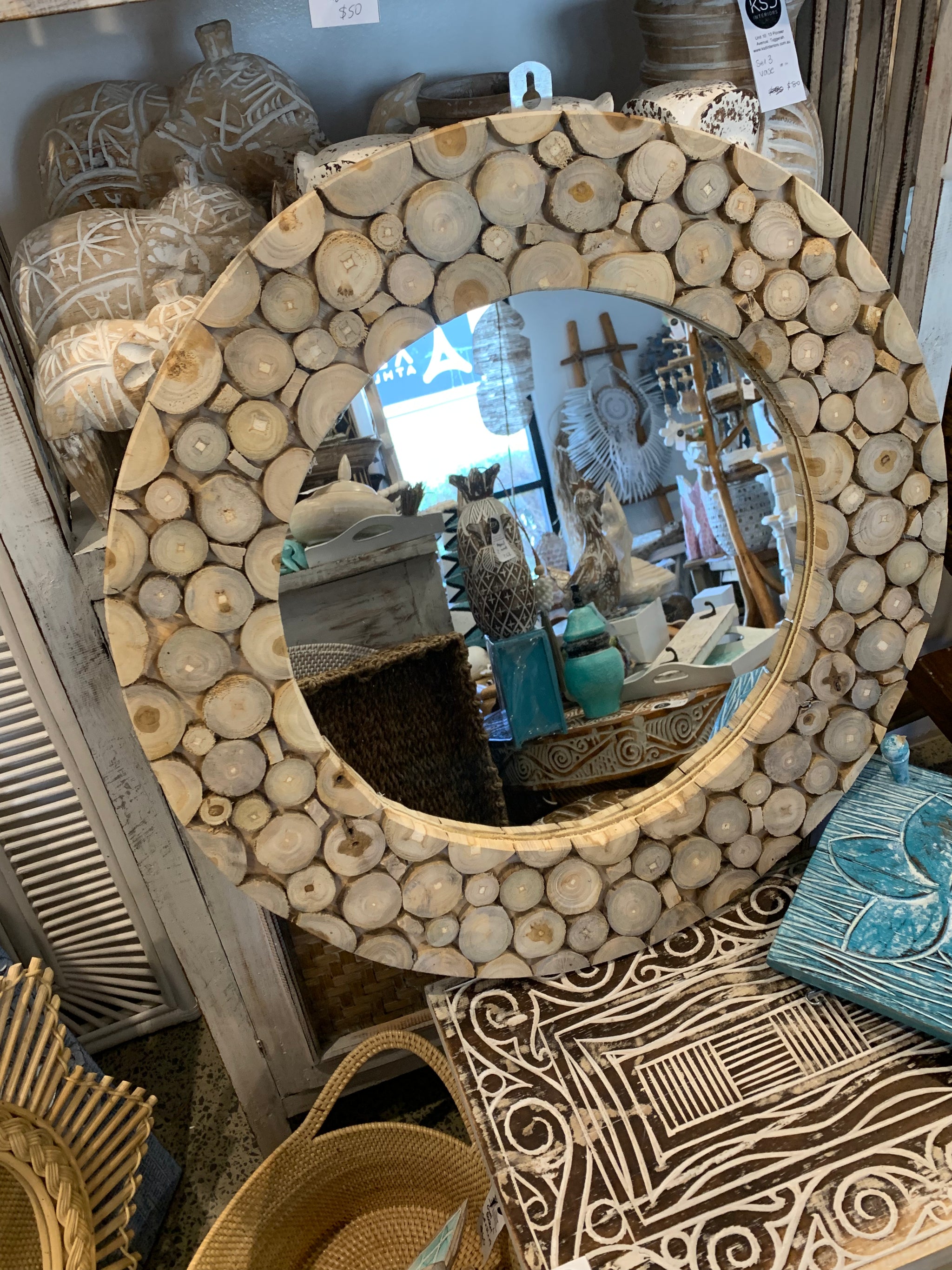 Round timber mirror. Circle design