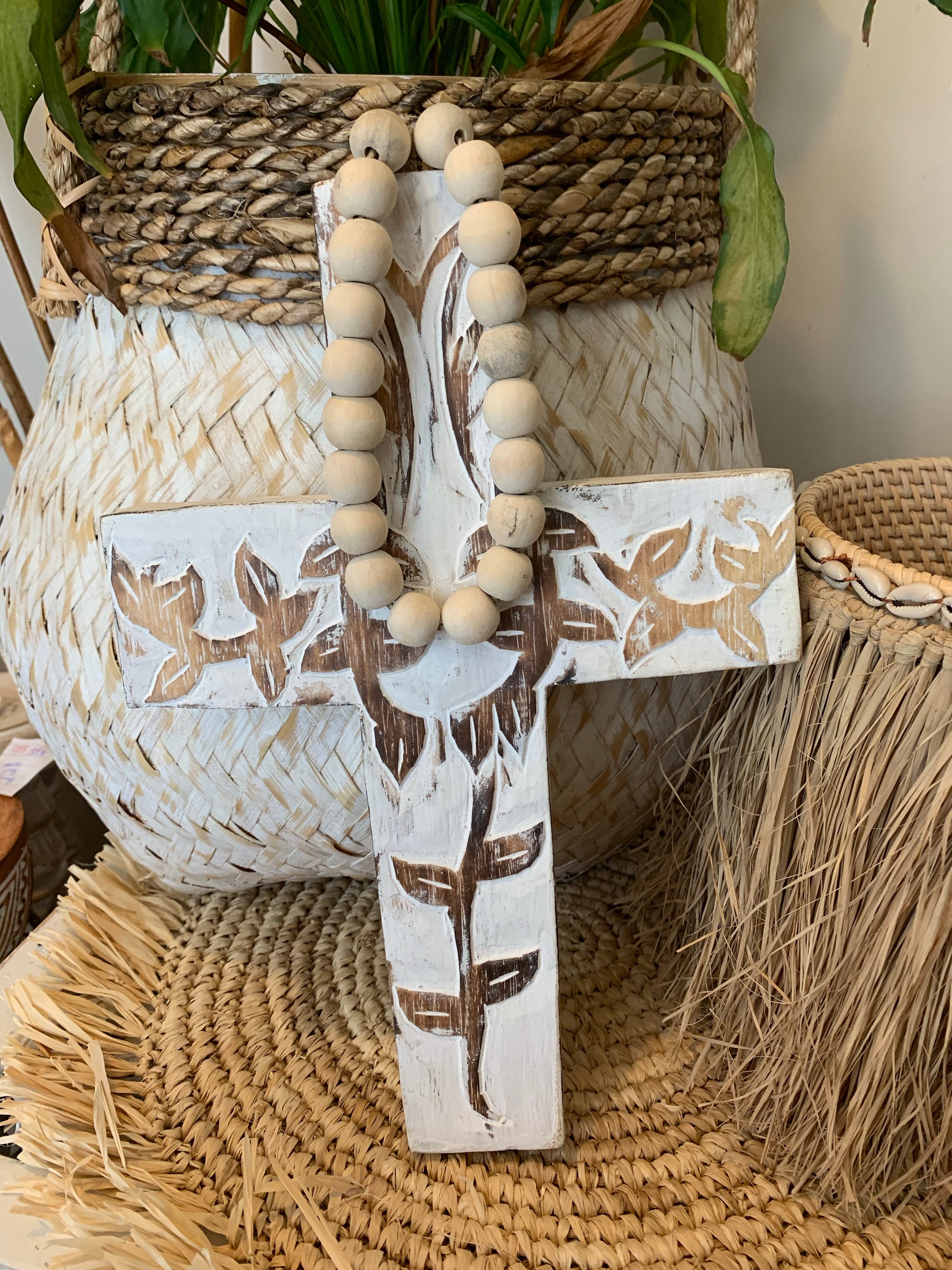 Handcarved timber cross with beads 20 x 30cm
