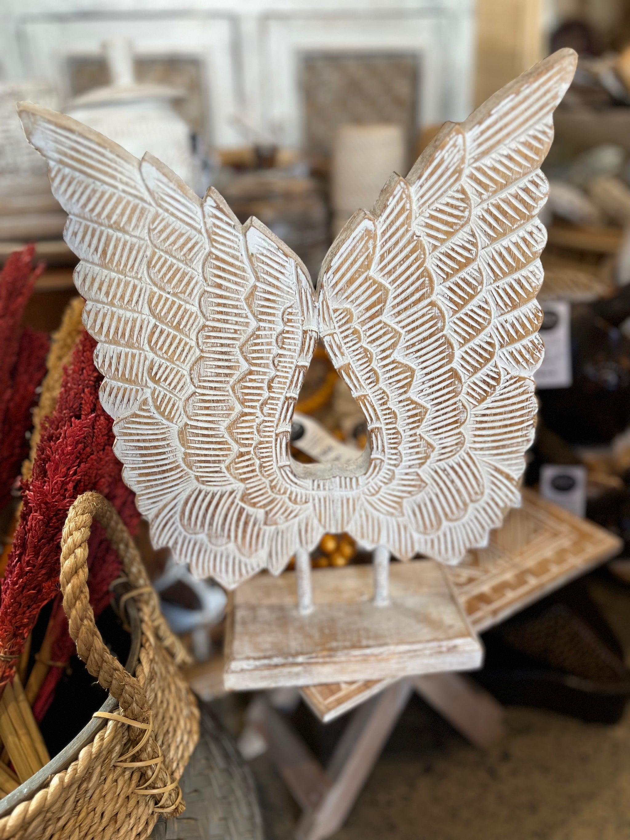 Carved timber angel wings natural. 38cm h - Bali Beach Beyond