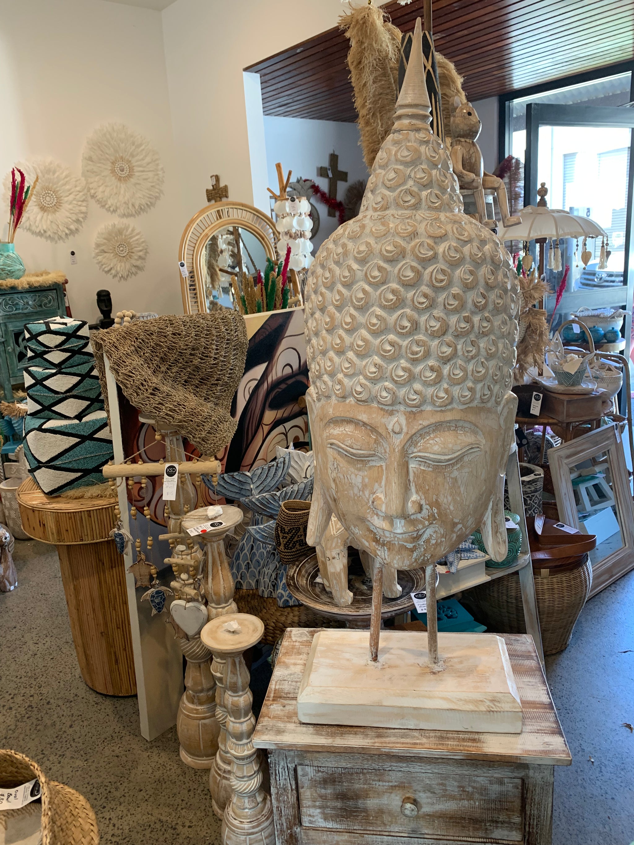 Buddha head large on stand. Natural - Bali Beach Beyond