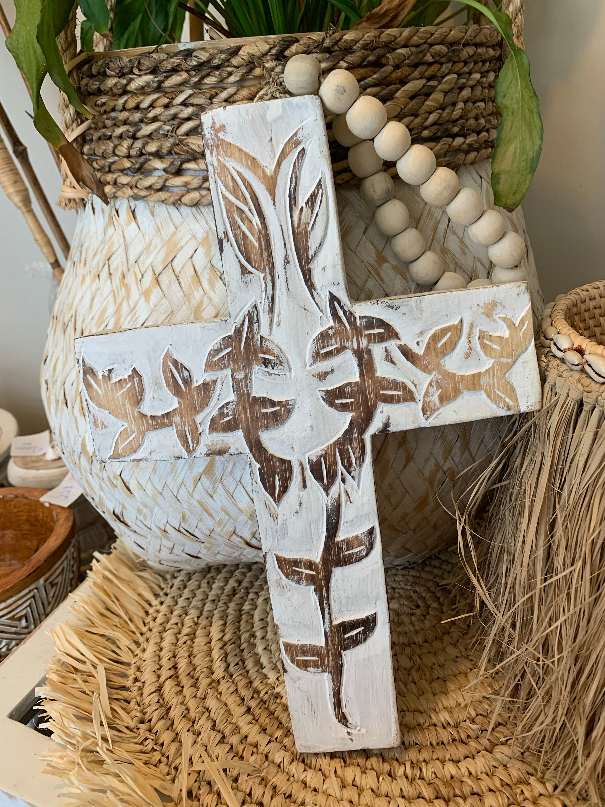 Handcarved timber cross with beads 20 x 30cm