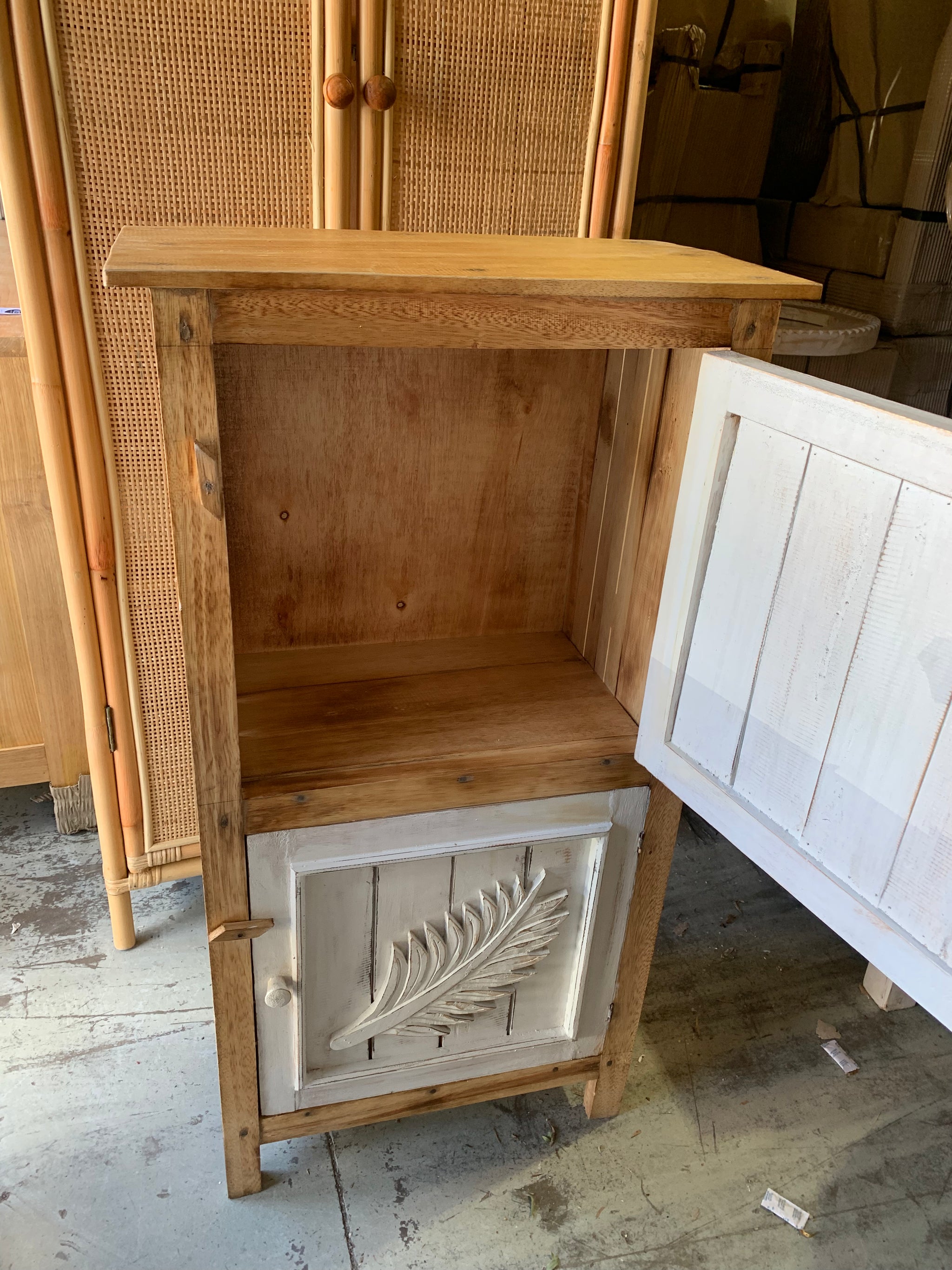 Carved double leaf white timber cabinet with 2 doors