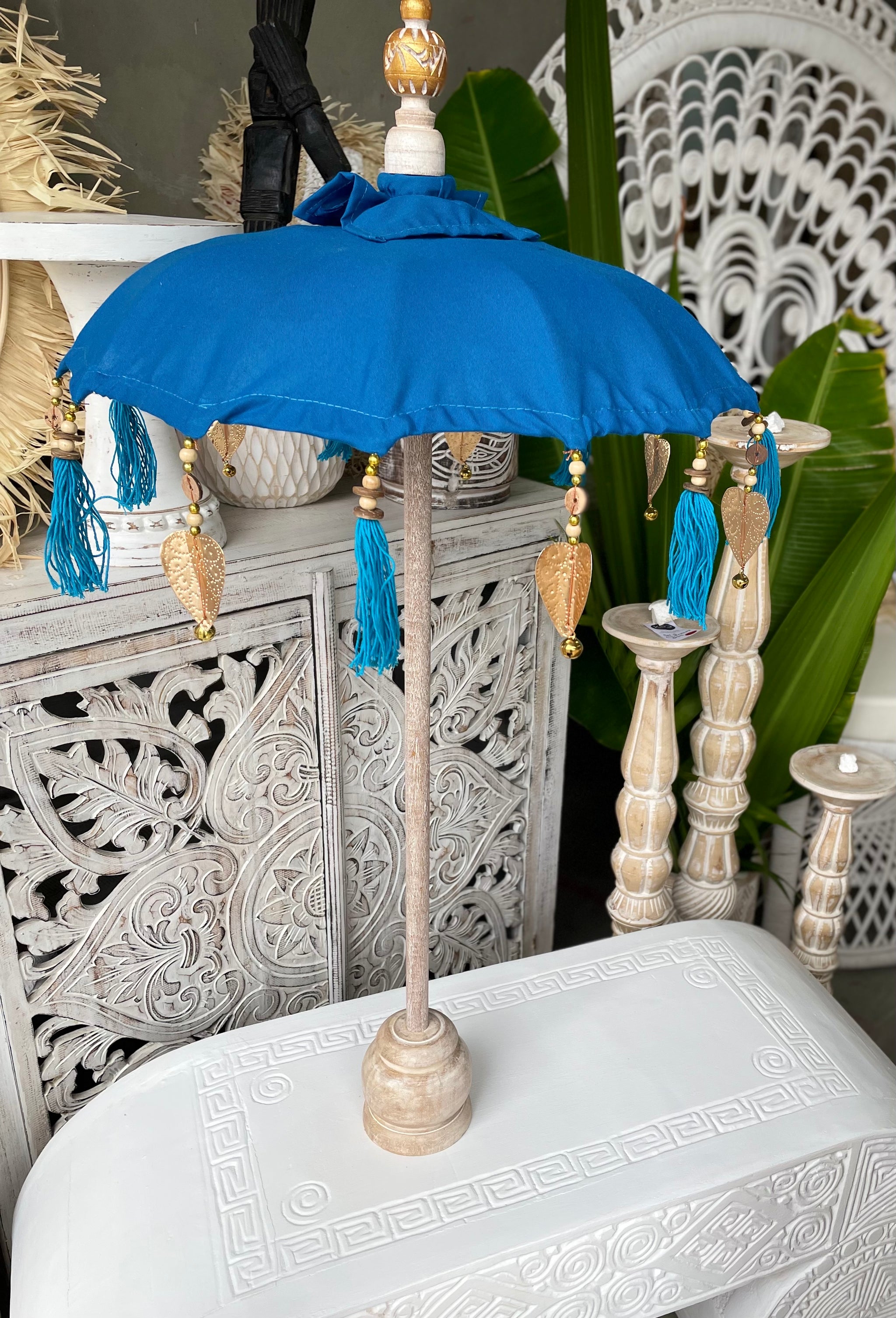 Blue Tabletop Umbrella with plain design. EOFY sale. Usually $50 - Bali Beach Beyond