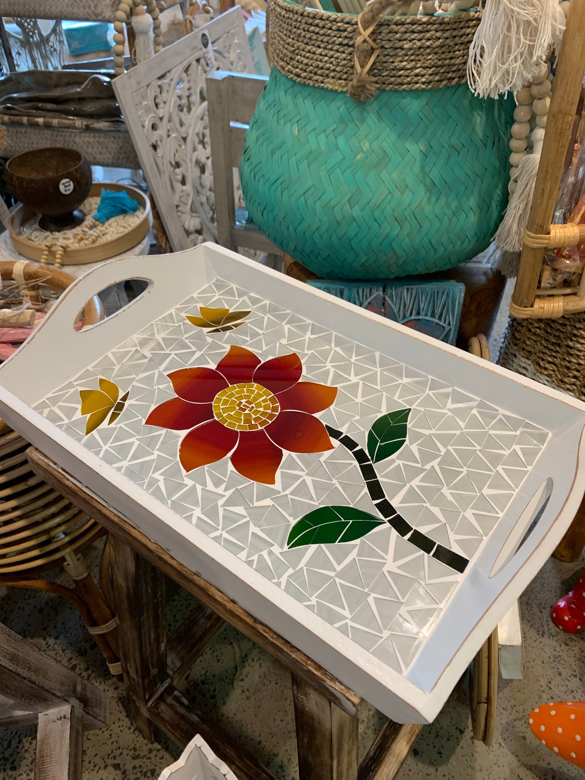 Red flower mosaic tray. Usually $40