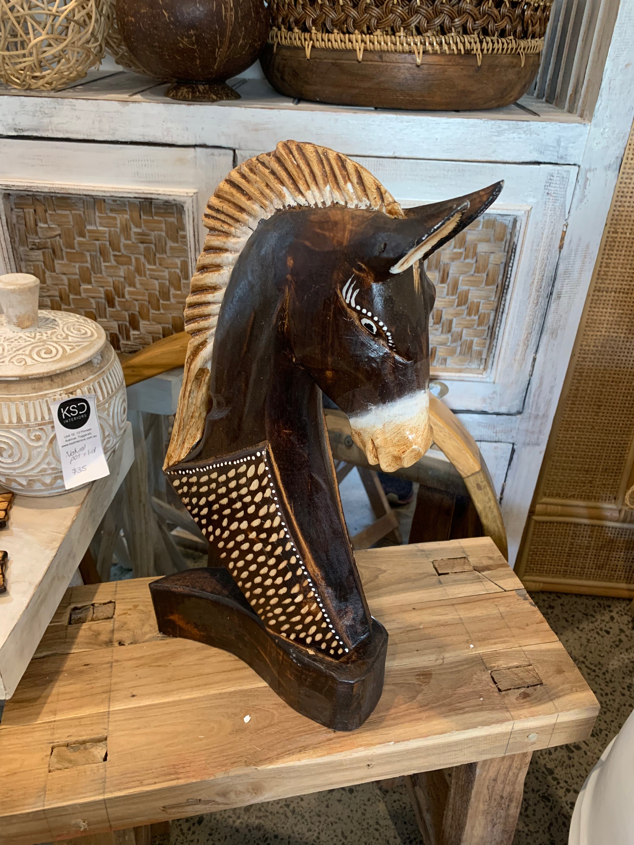 Brown 40cm handpainted timber horse statue - Bali Beach Beyond