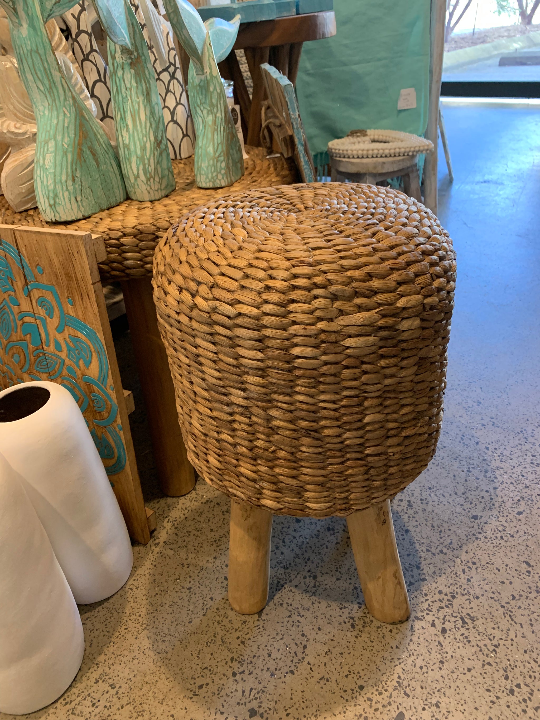Water hyacinth stool with timber legs - Bali Beach Beyond