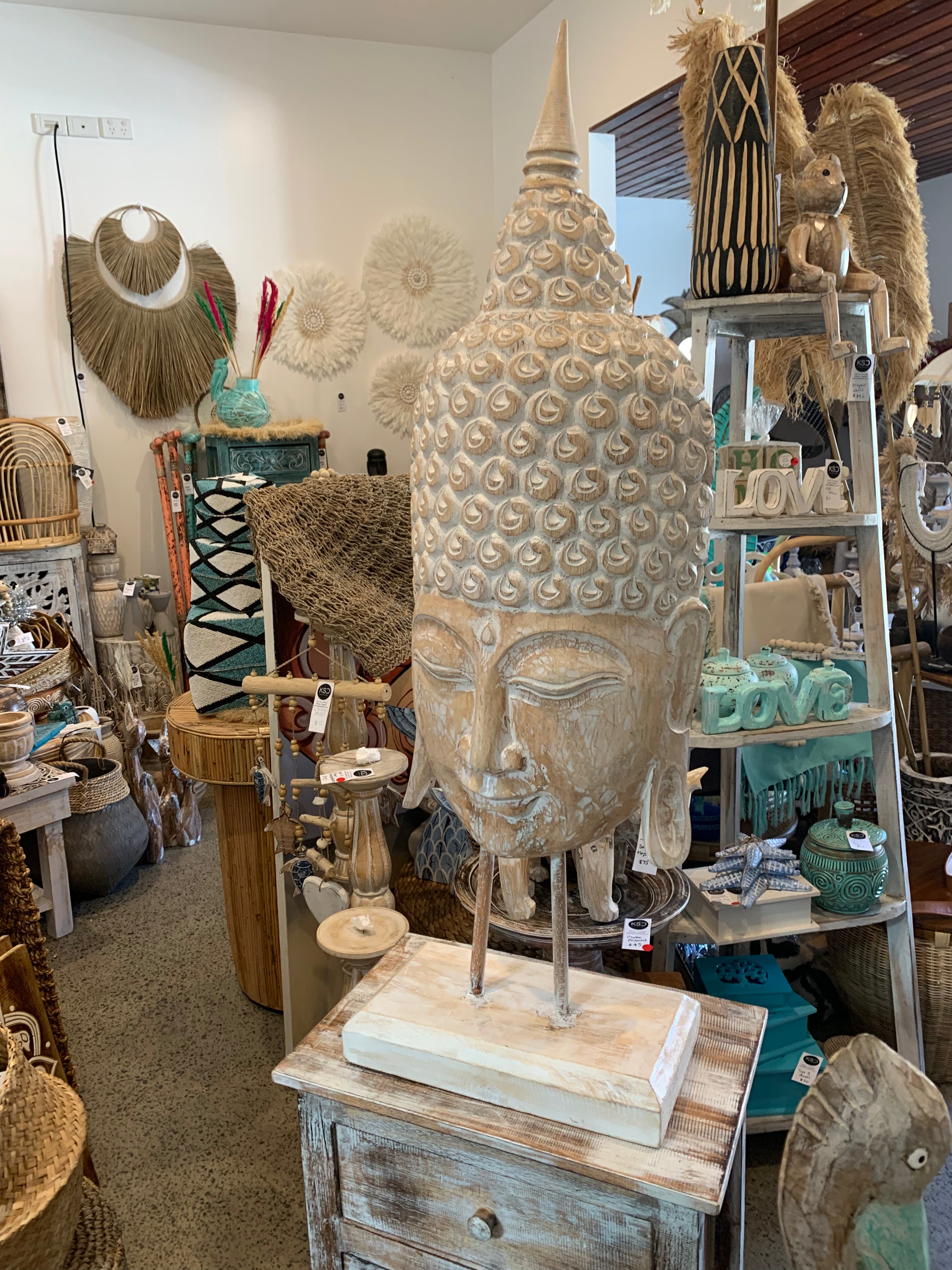 Buddha head large on stand. Natural - Bali Beach Beyond