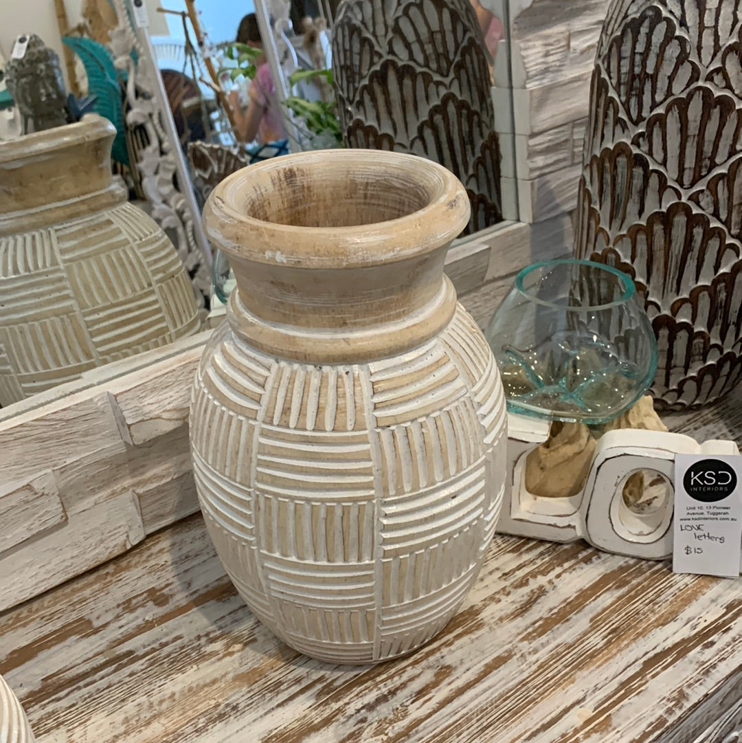White wash / natural carved timber vase. Medium - Bali Beach Beyond