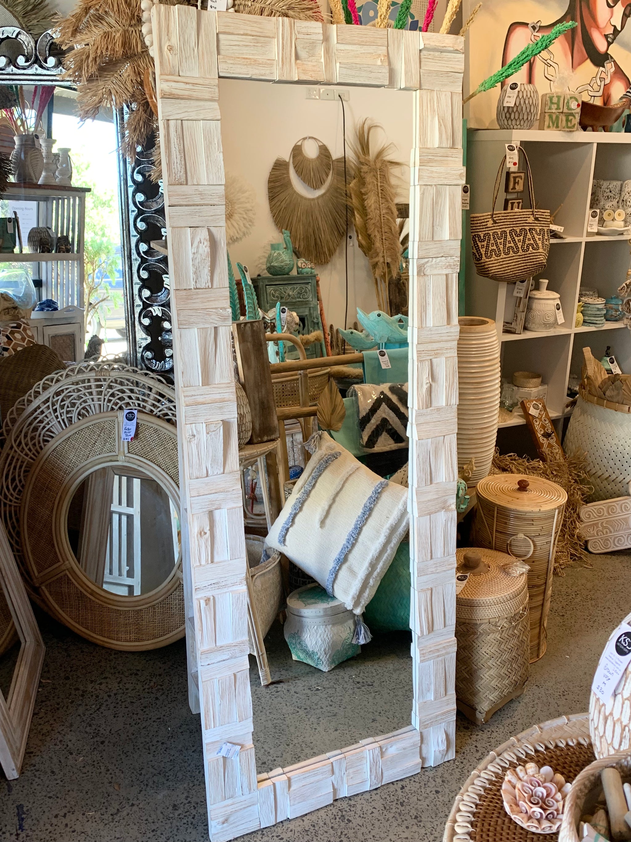 White carved timber mirror. Large - Bali Beach Beyond