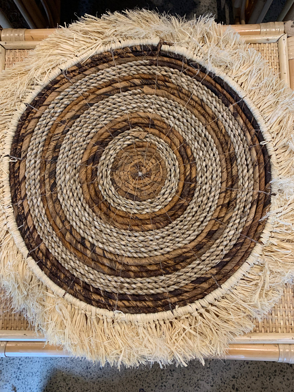 Woven banana leaf placemat with raffia trim. 45cm - Bali Beach Beyond