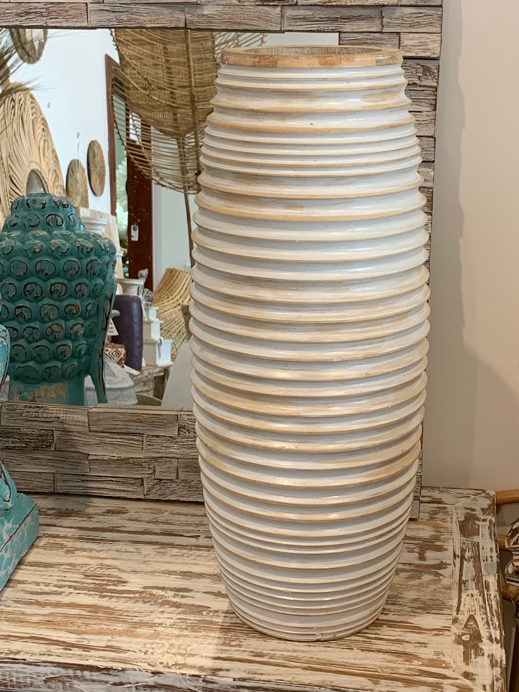 White wash timber vase. Rims - Bali Beach Beyond