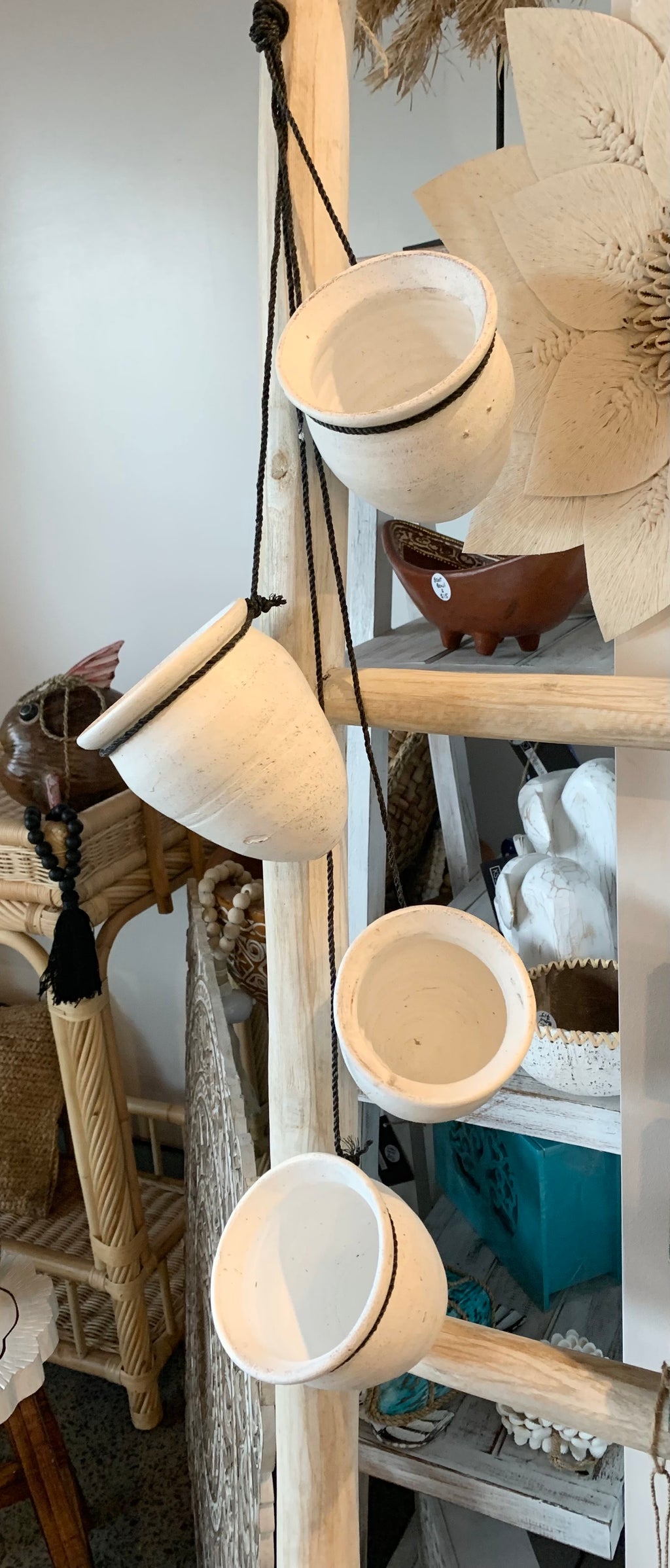 4 white terracotta pot hangings. Usually $40 - Bali Beach Beyond