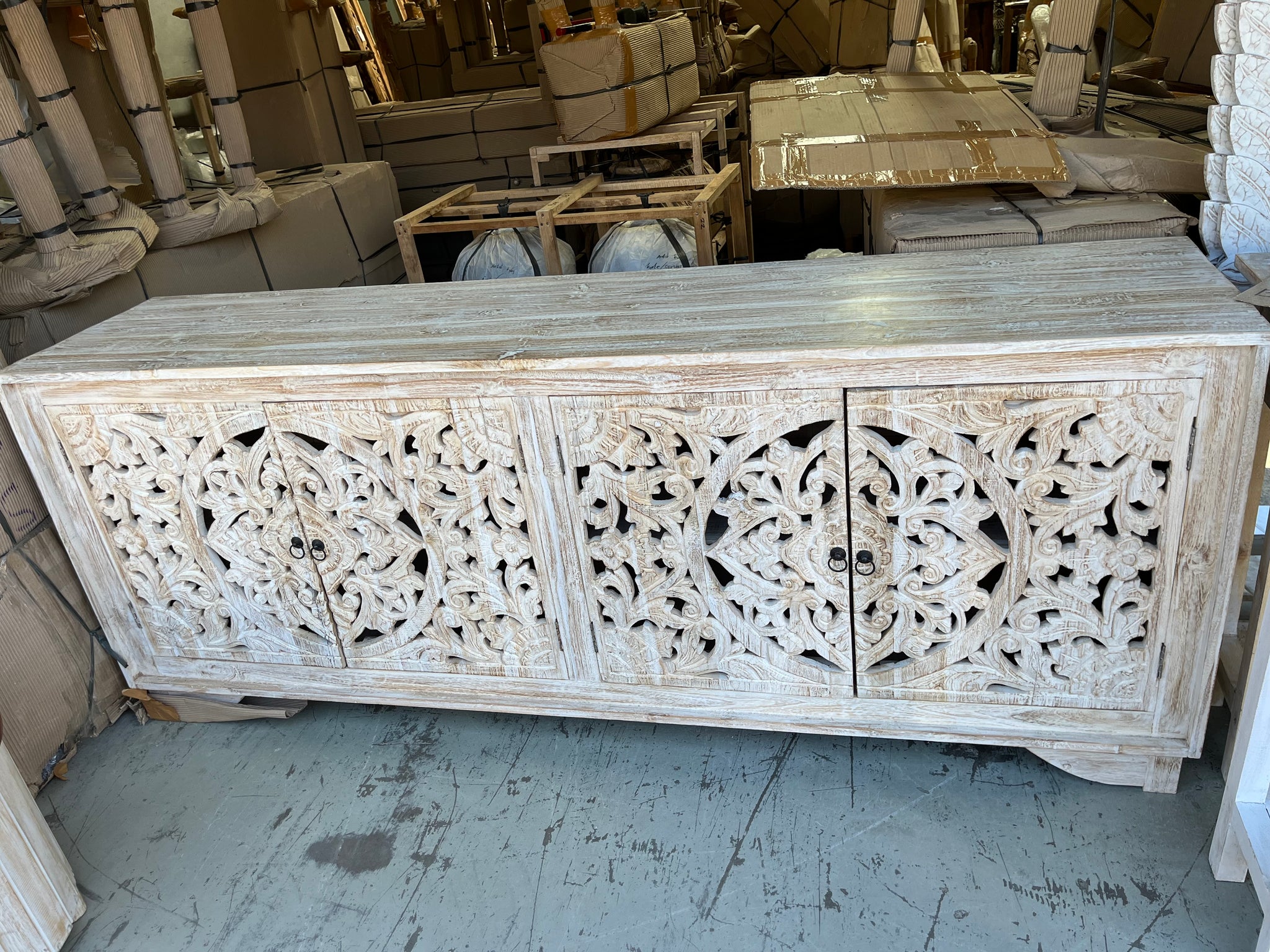 Carved rustic white timber sideboard / 4 door cabinet