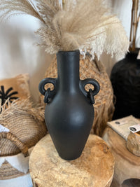 Black terracotta vase with ring handle detail