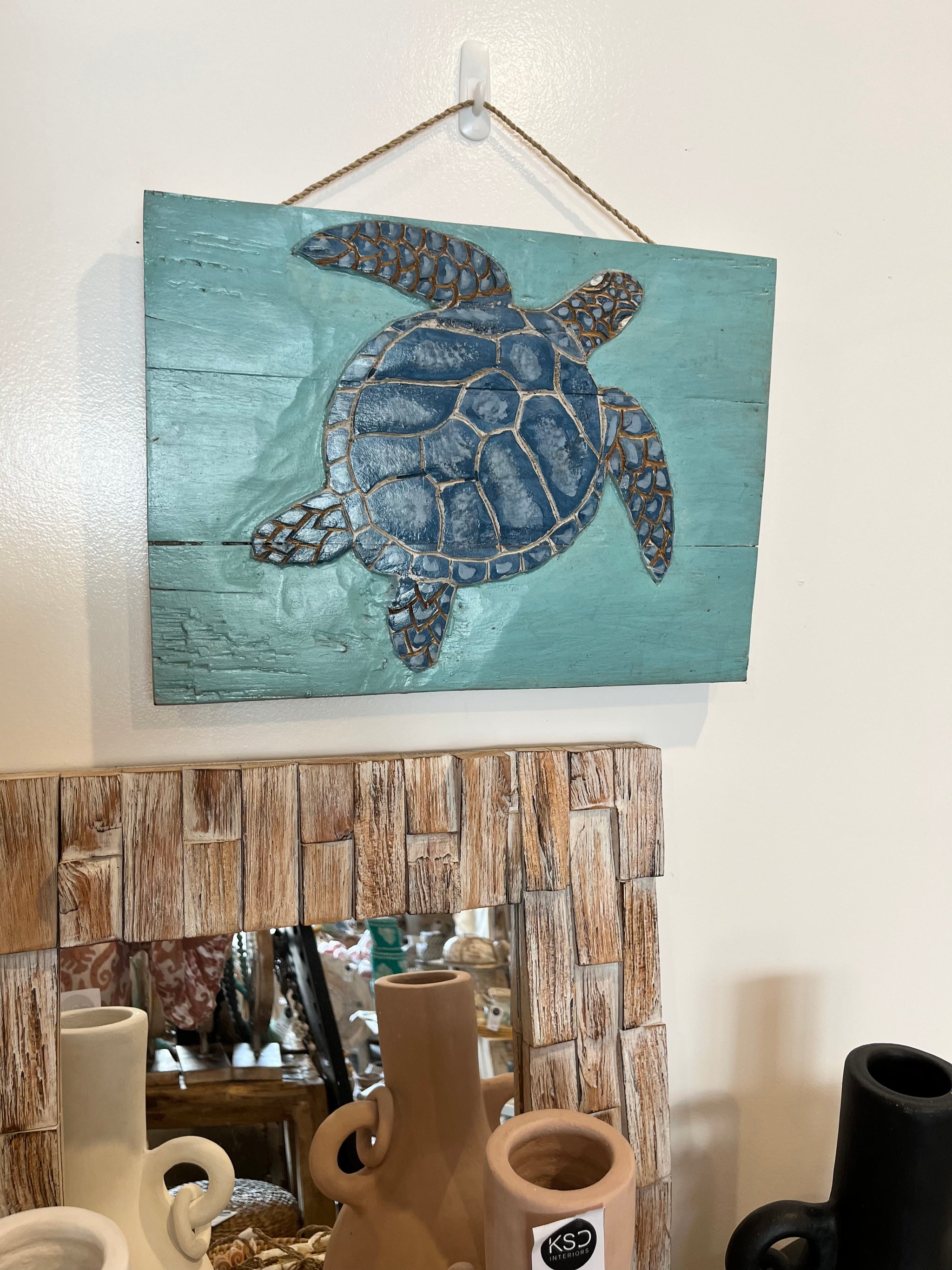 Timber turtle wall hanging. Turquoise