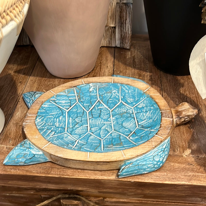 Timber turtle dish / platter. Turquoise