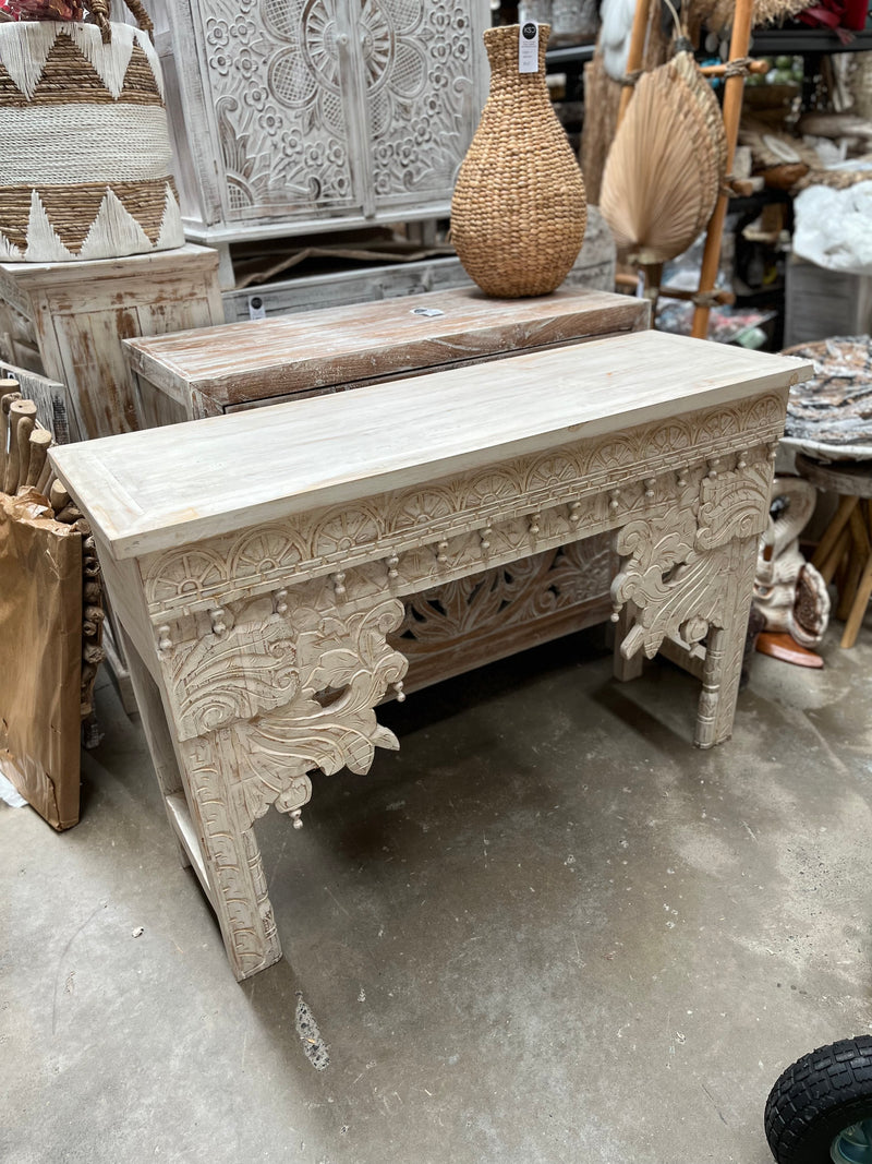 Carved rustic white timber sideboard