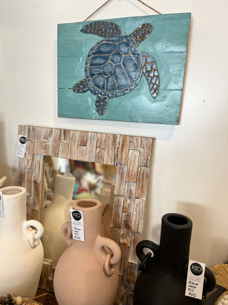 Timber turtle wall hanging. Turquoise