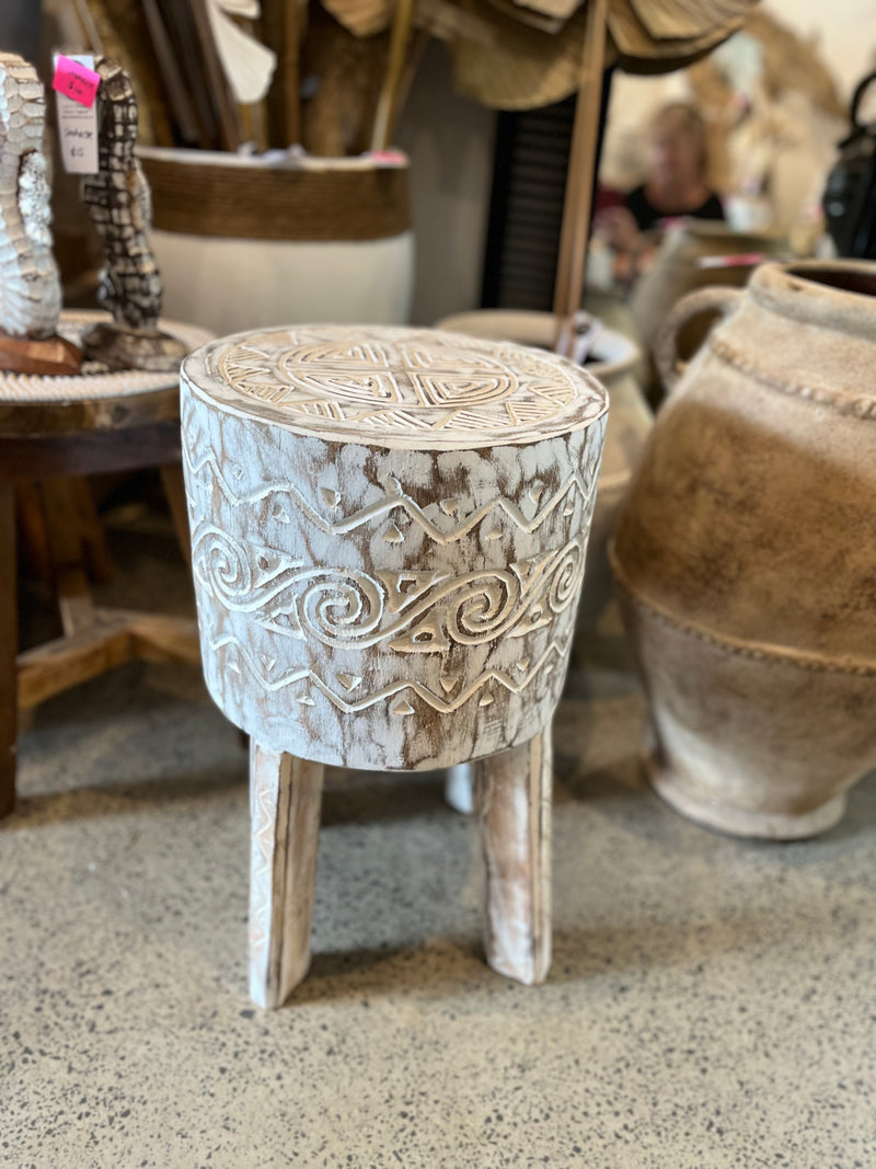 Timber carved stool / side table. 51cm h