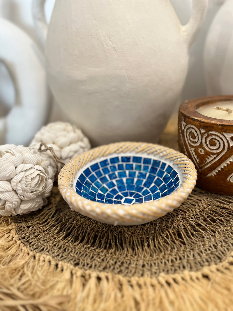 Terracotta bowl with mosaic detail. Blue