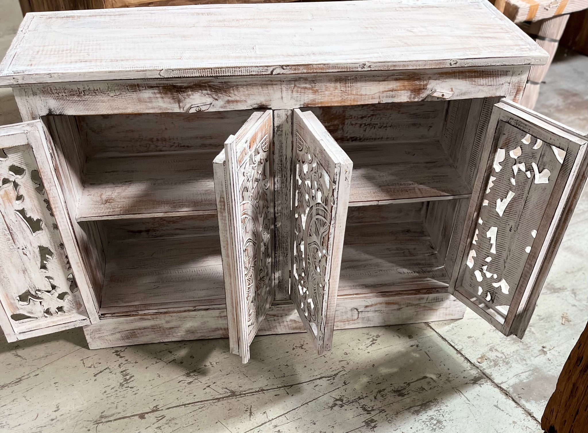 Carved rustic white timber cabinet with 4 doors