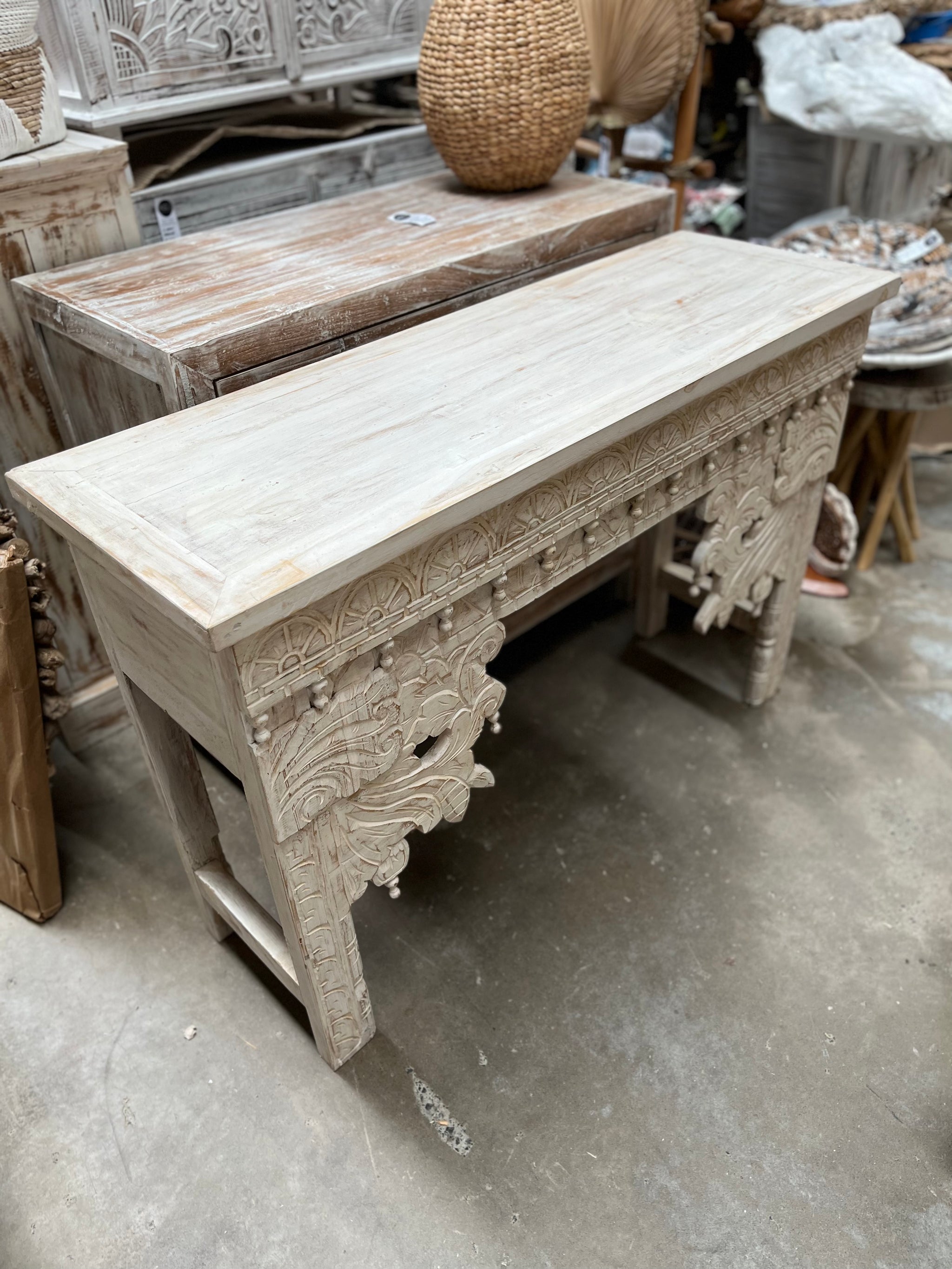 Carved rustic white timber sideboard