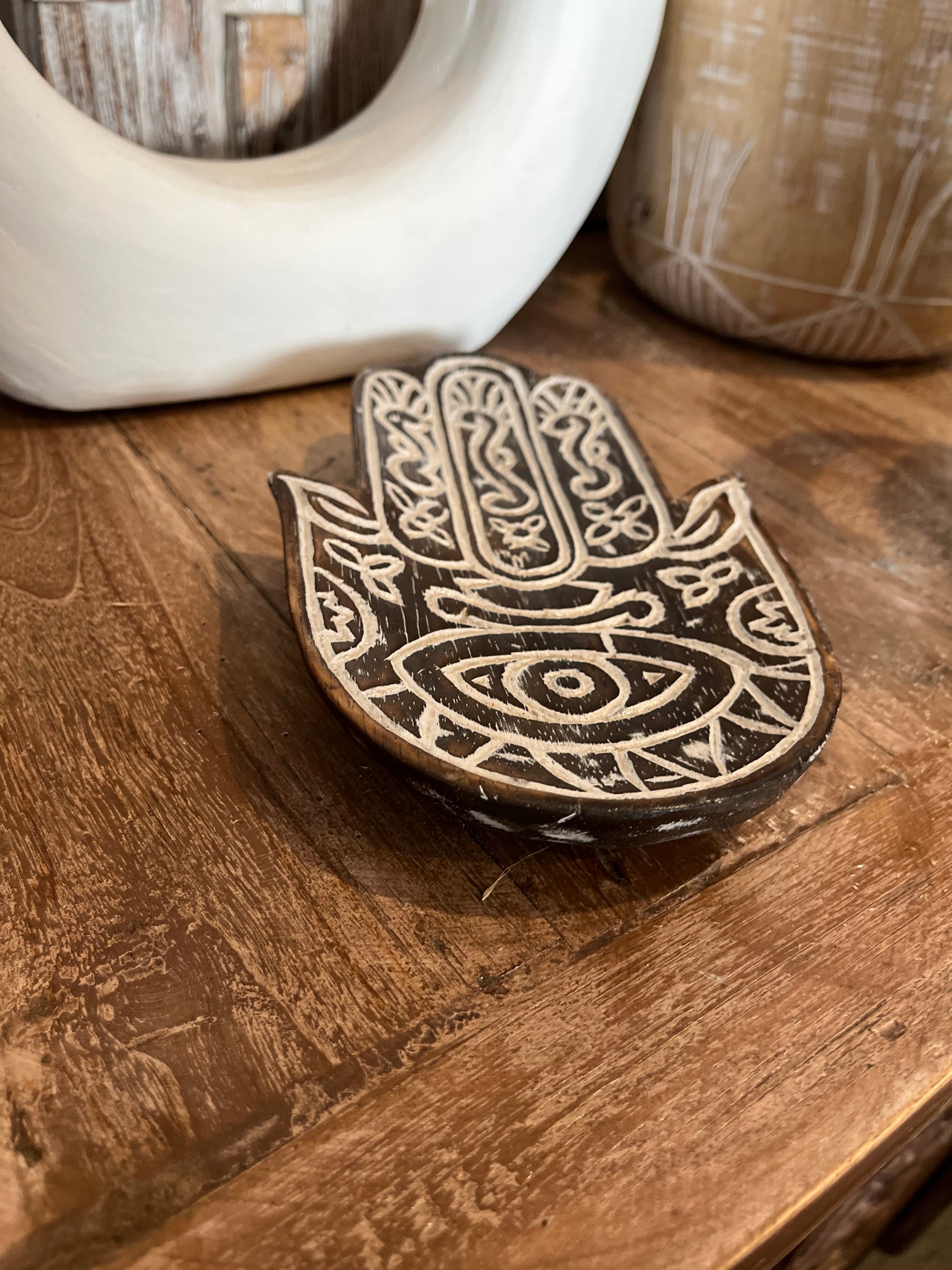 Hamsa hand handcarved tray / platter. Brown