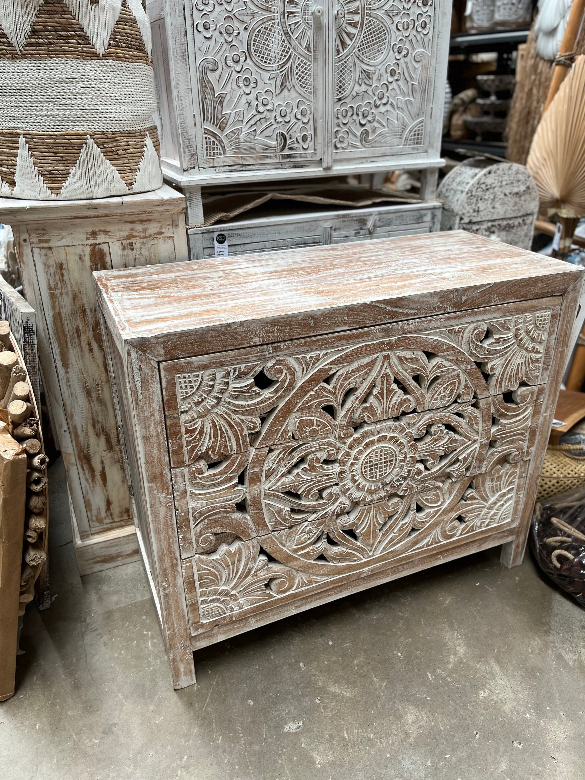 Handcarved timber chest drawers