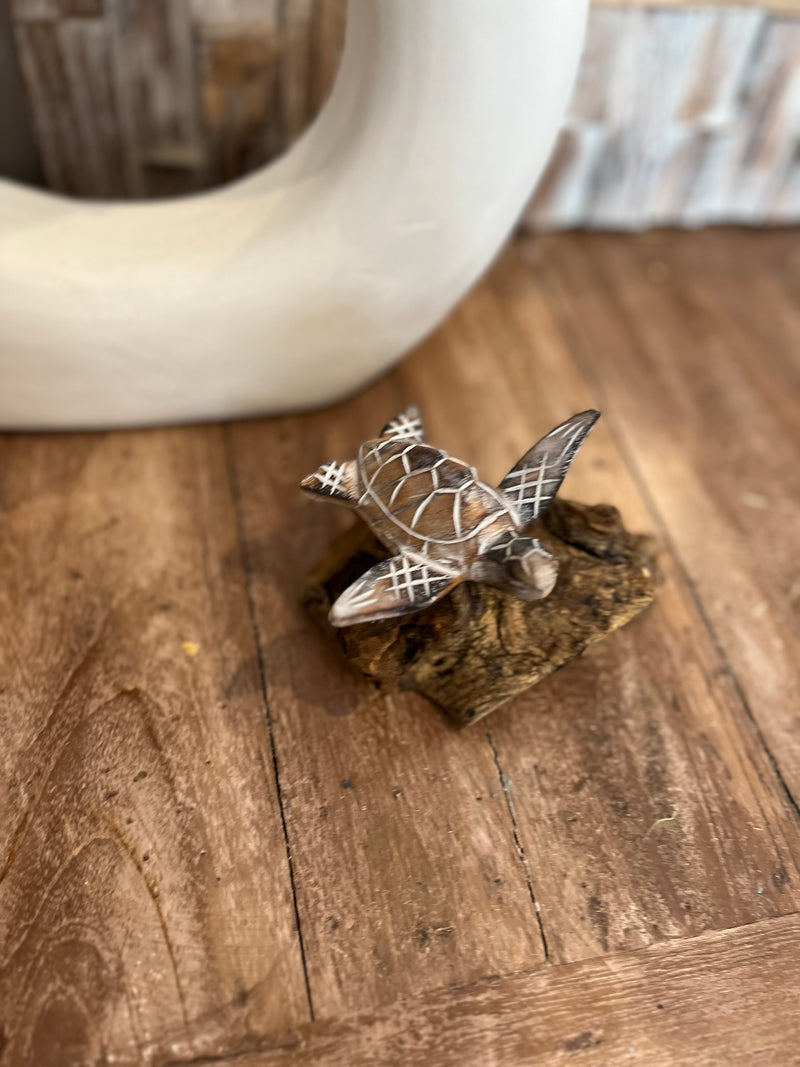 Brown handcarved timber turtle on wood