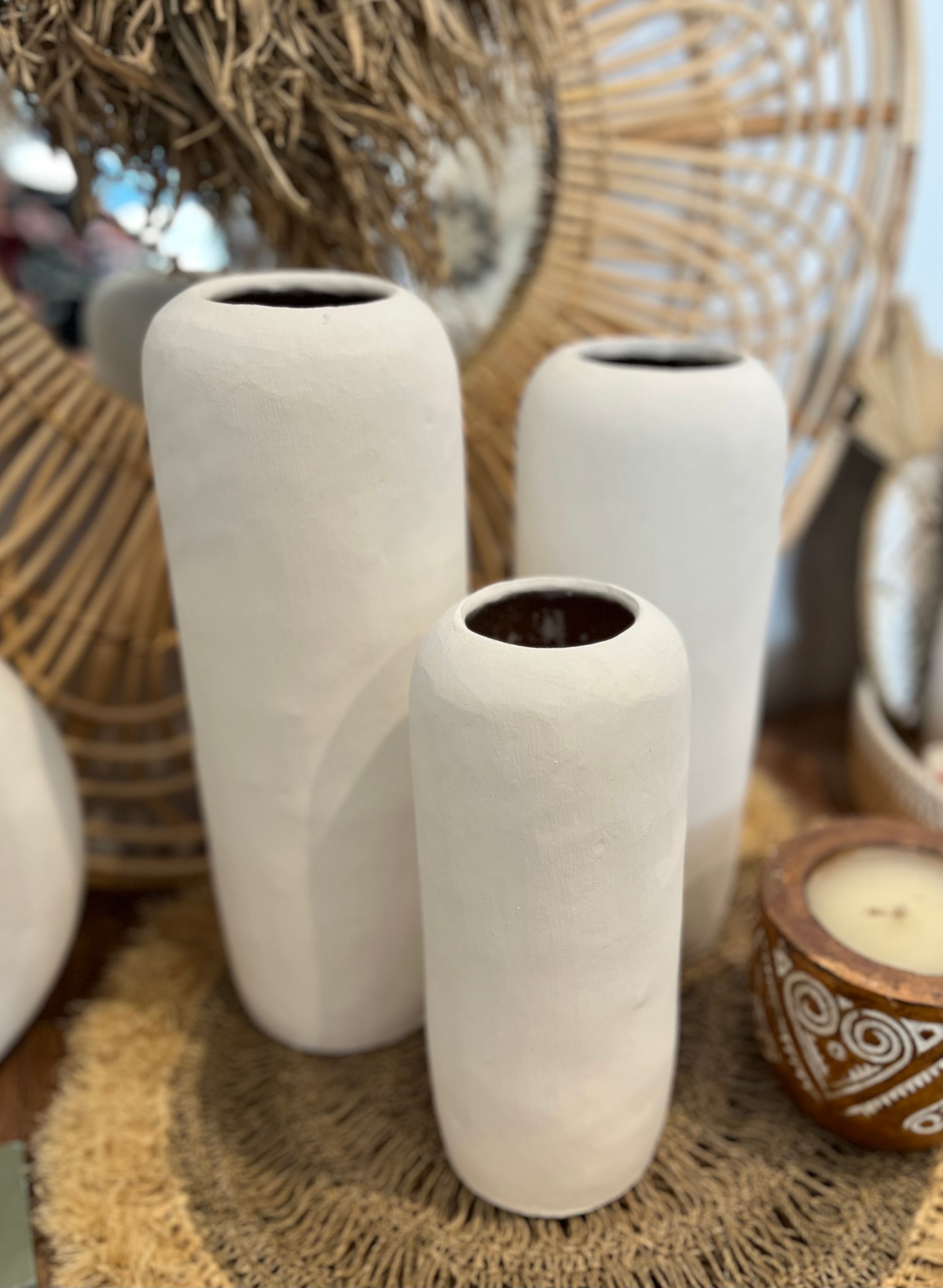 Set of 3 white terracotta vases