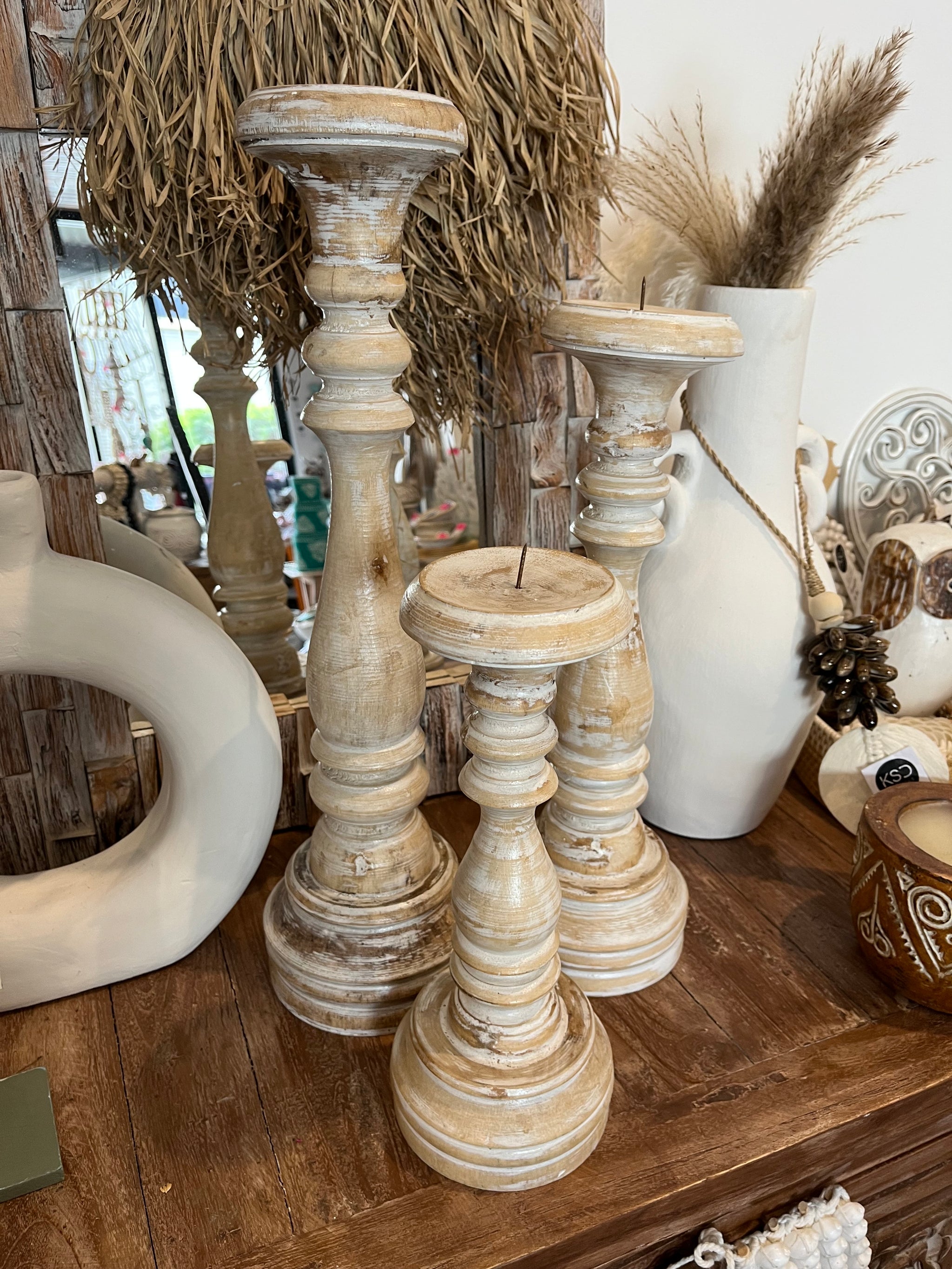 Rustic natural timber candlesticks. Set 3