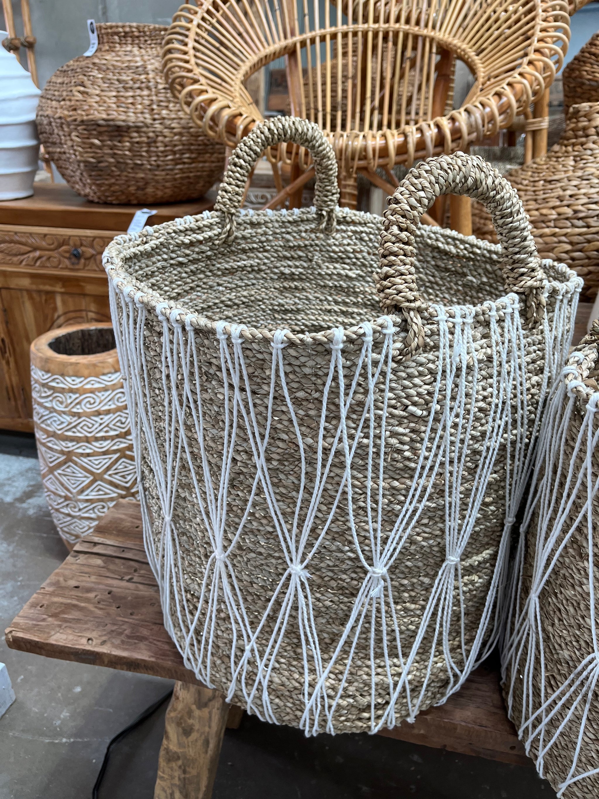 Set 3. Woven natural basket with macrame.