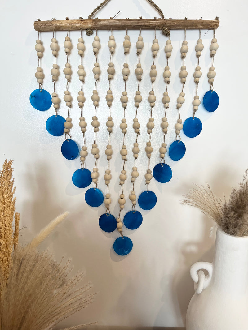 Blue shell and natural bead wall hanging