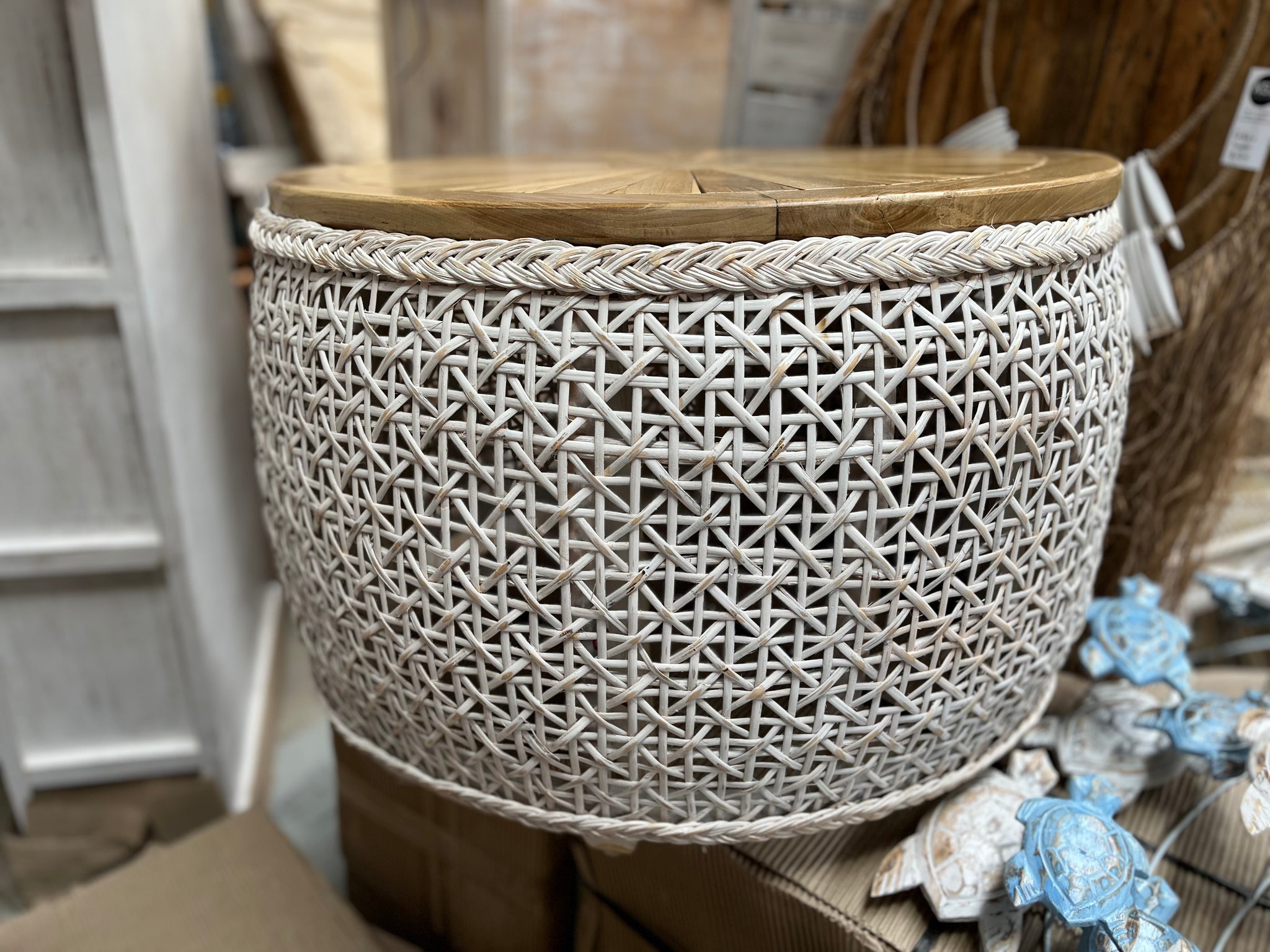 White rattan and natural timber top coffee table