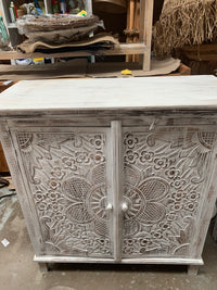 Rustic white cabinet / cupboard with 2 handcarved doors