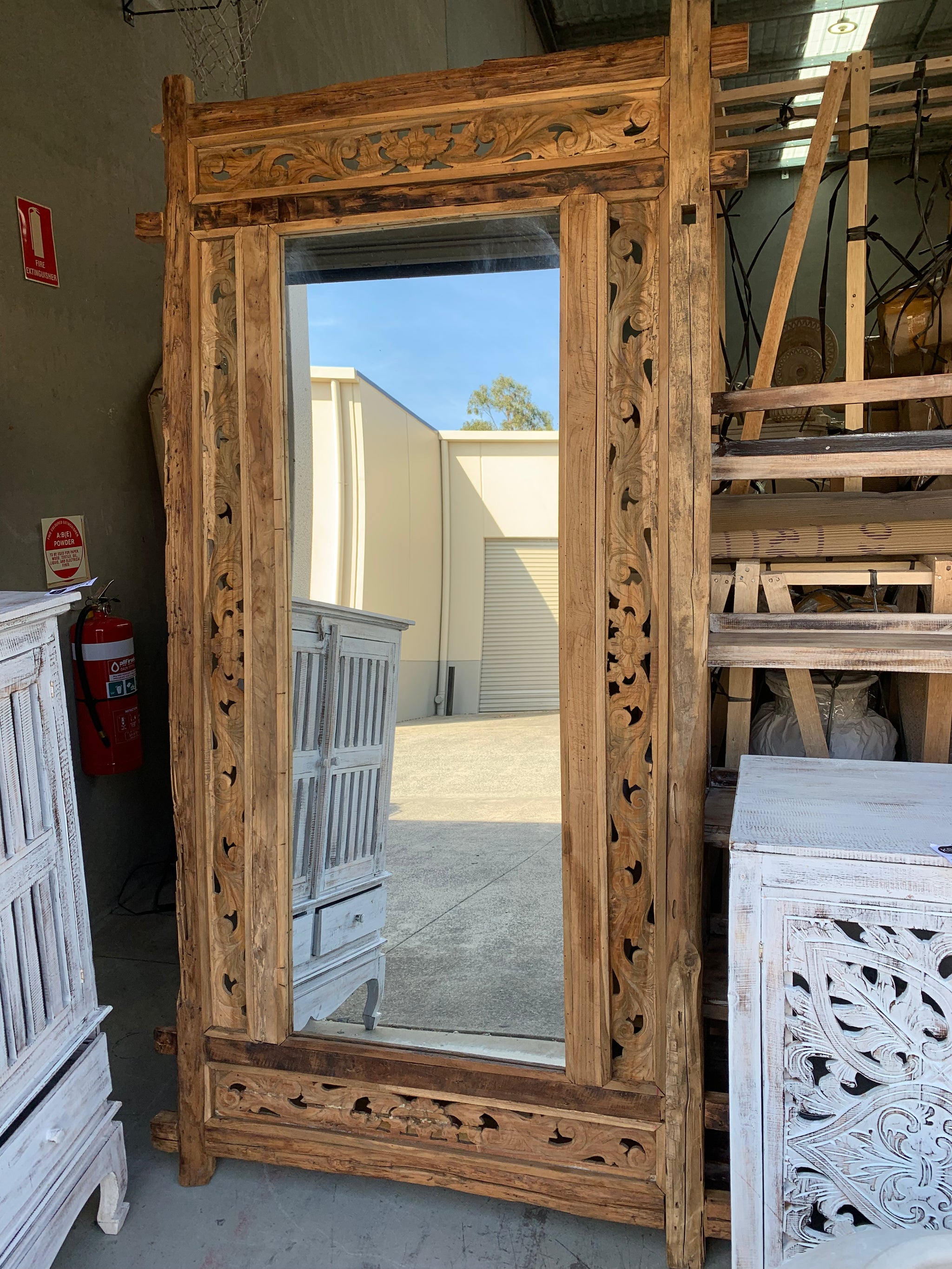 Floor Mirror. Large Recycled timber mirror.  Hand Carved.