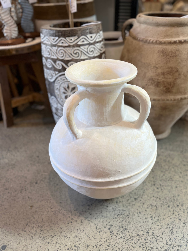 Rustic white terracotta vase with handles. 47cm h